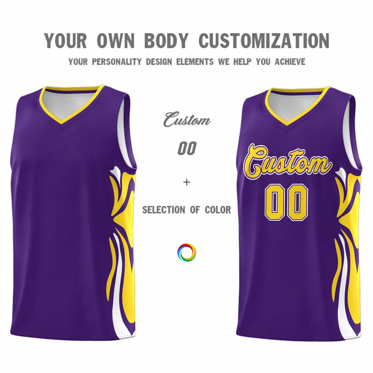 Custom Purple Gold-White Graffiti Pattern Side Curve Pattern Sports Uniform Basketball Jersey Sets