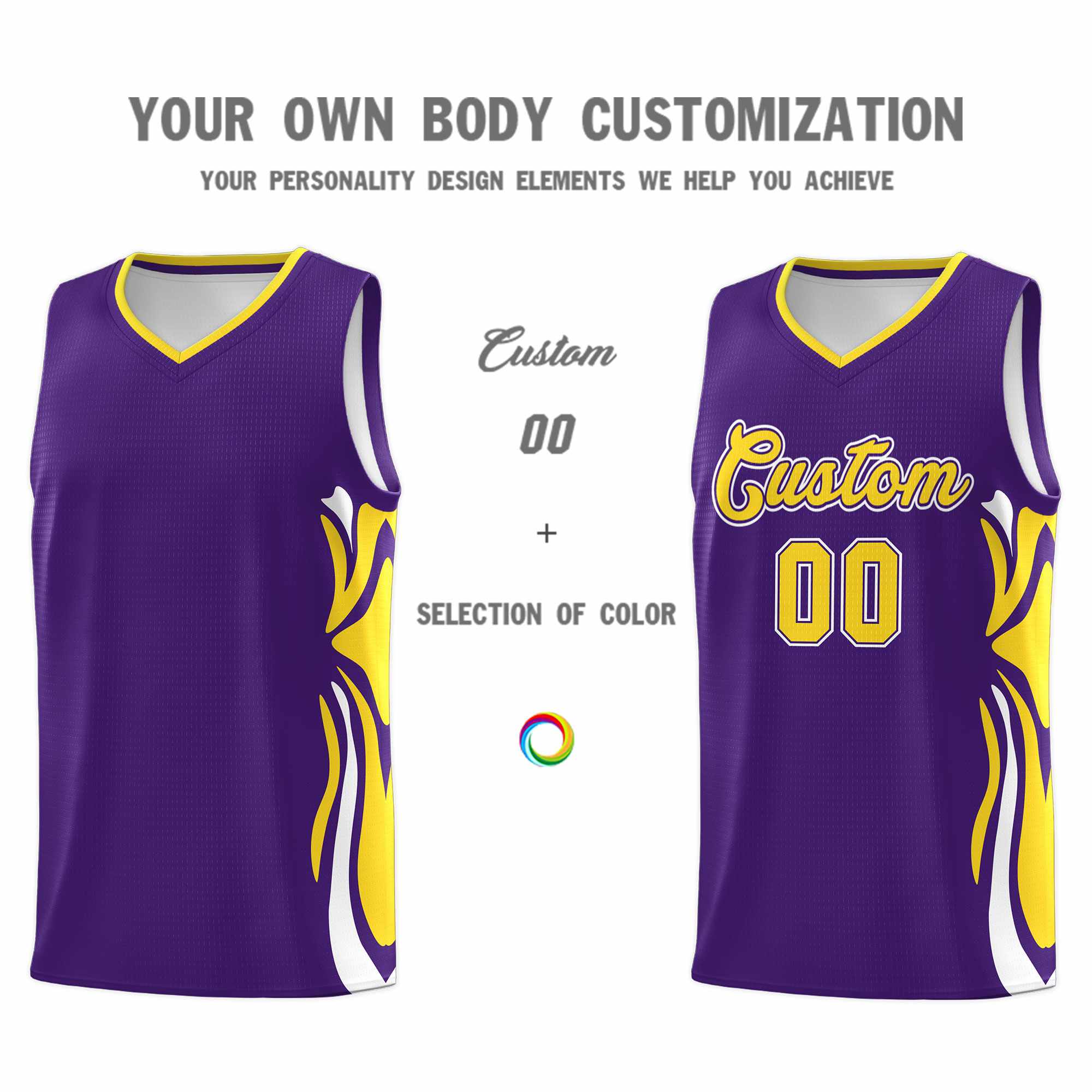 Custom Purple Gold-White Graffiti Pattern Side Curve Pattern Sports Uniform Basketball Jersey Sets