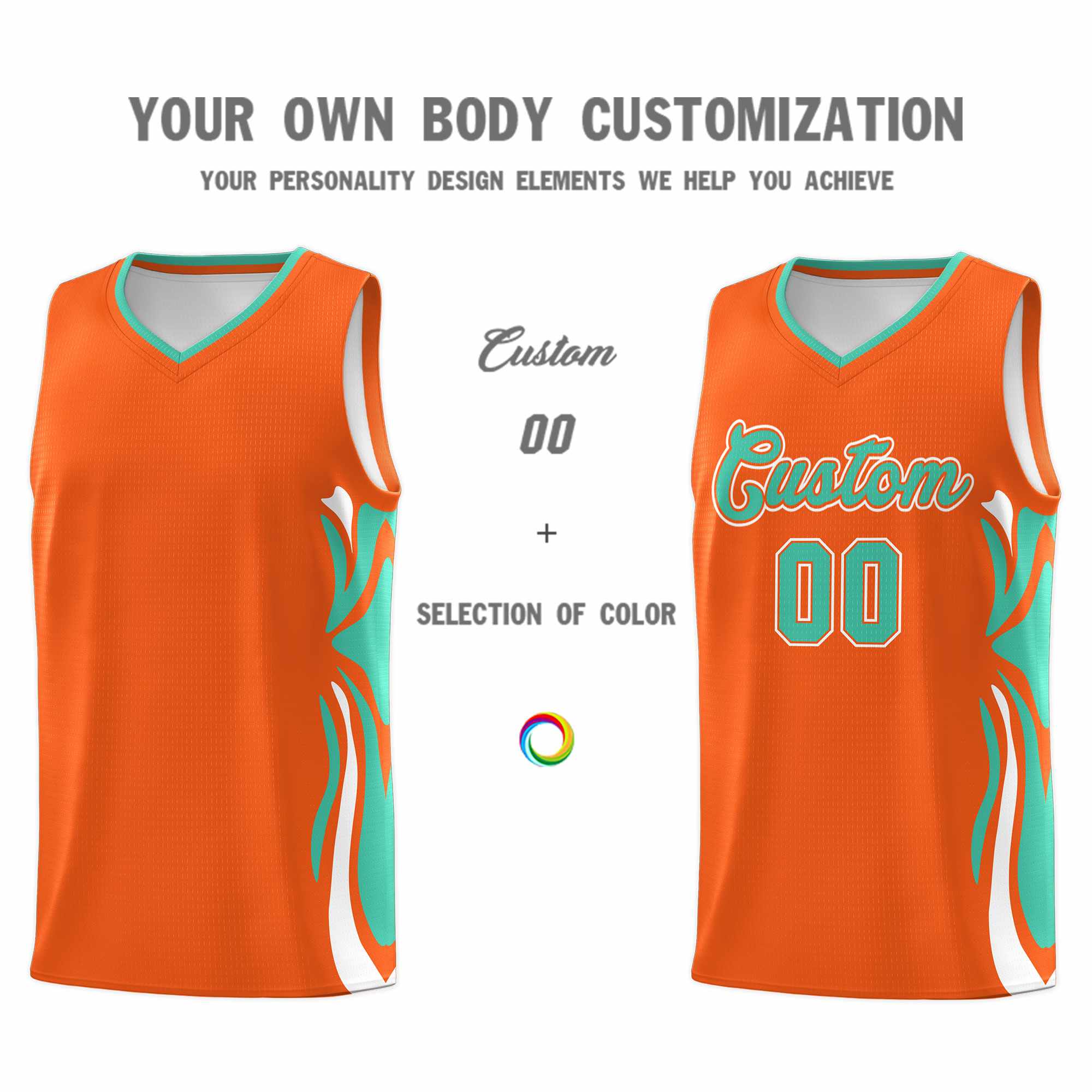 Custom Orange Bright Green-White Graffiti Pattern Side Curve Pattern Sports Uniform Basketball Jersey Sets