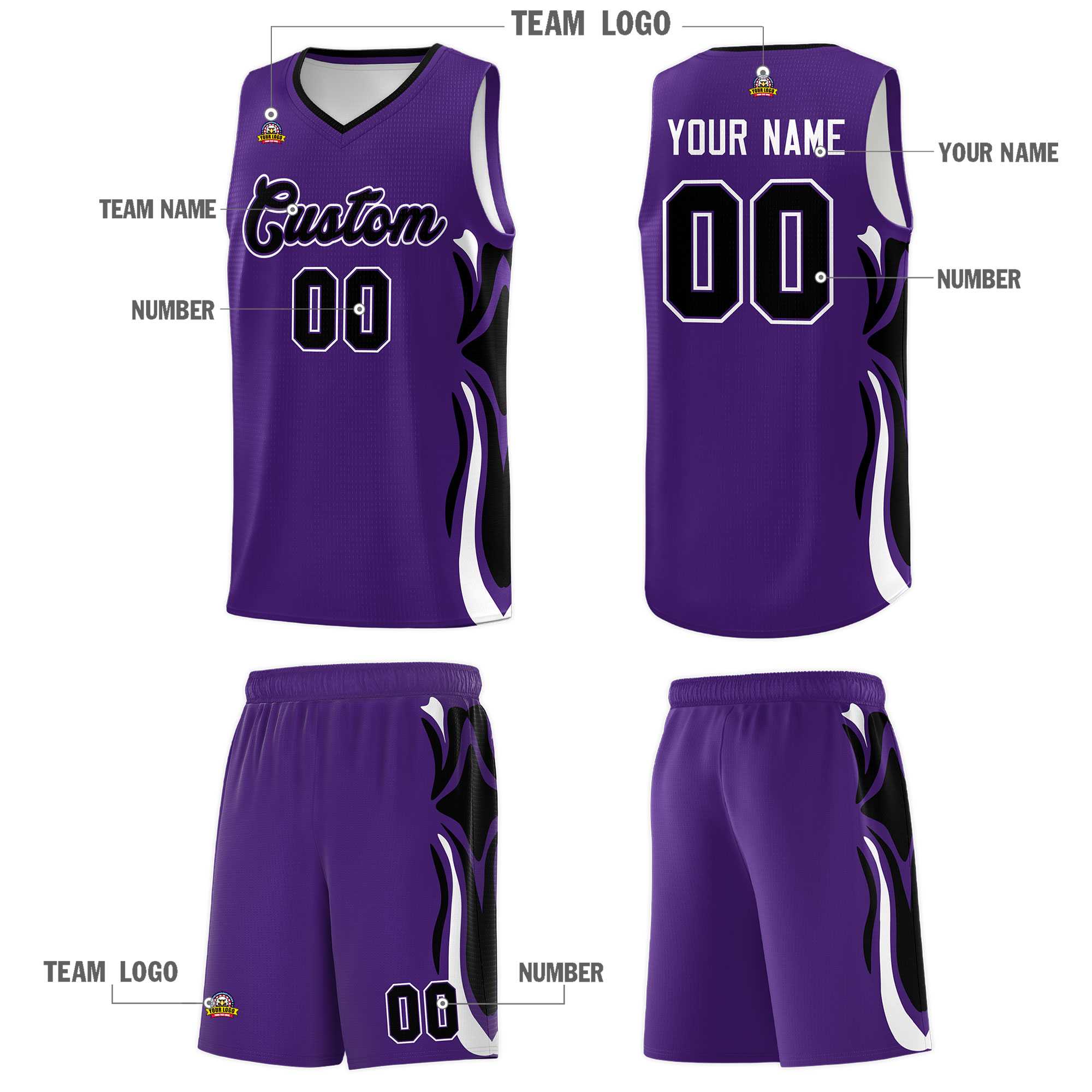 Custom Purple Black-White Graffiti Pattern Side Curve Pattern Sports Uniform Basketball Jersey Sets