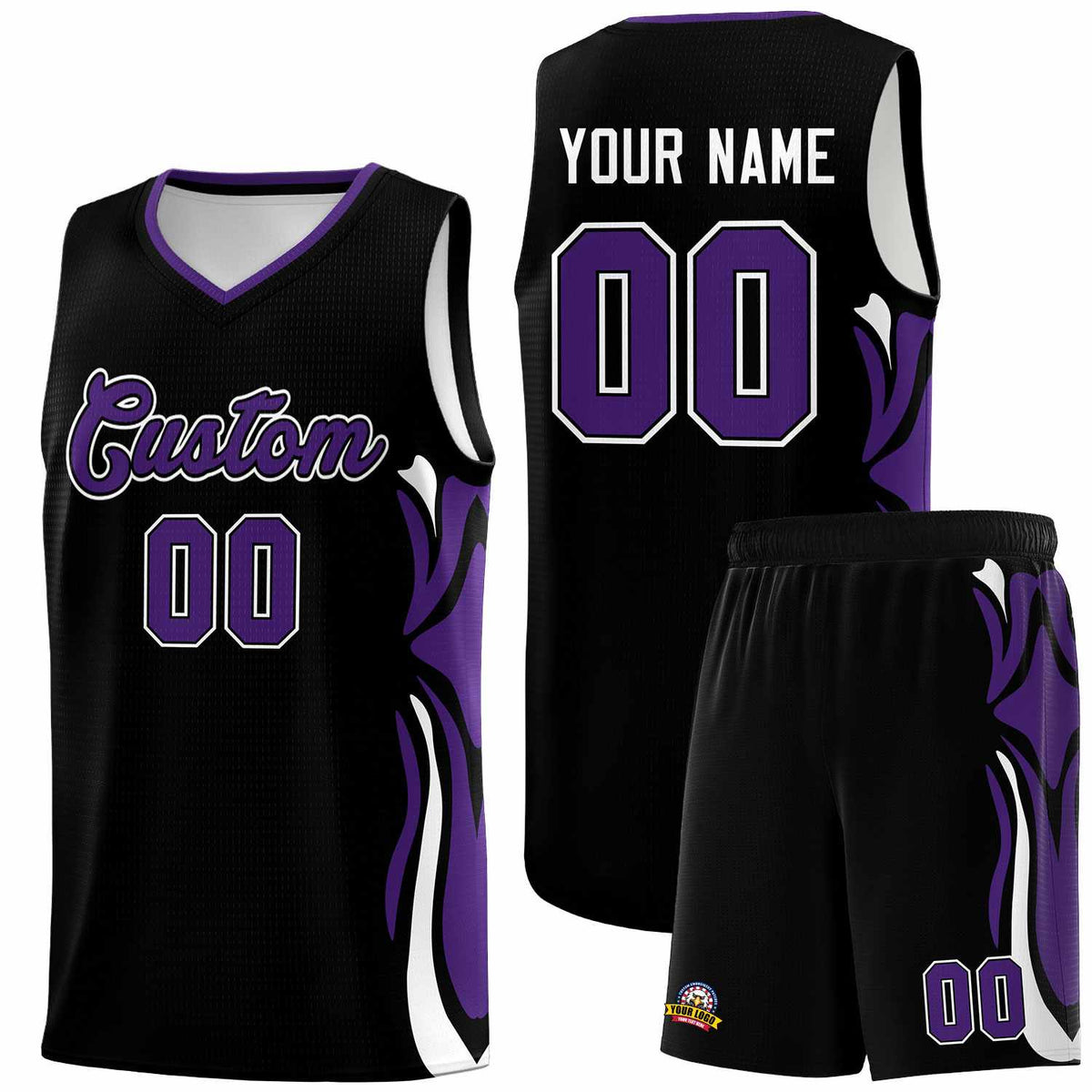 Custom Black Purple-White Graffiti Pattern Side Curve Pattern Sports Uniform Basketball Jersey Sets