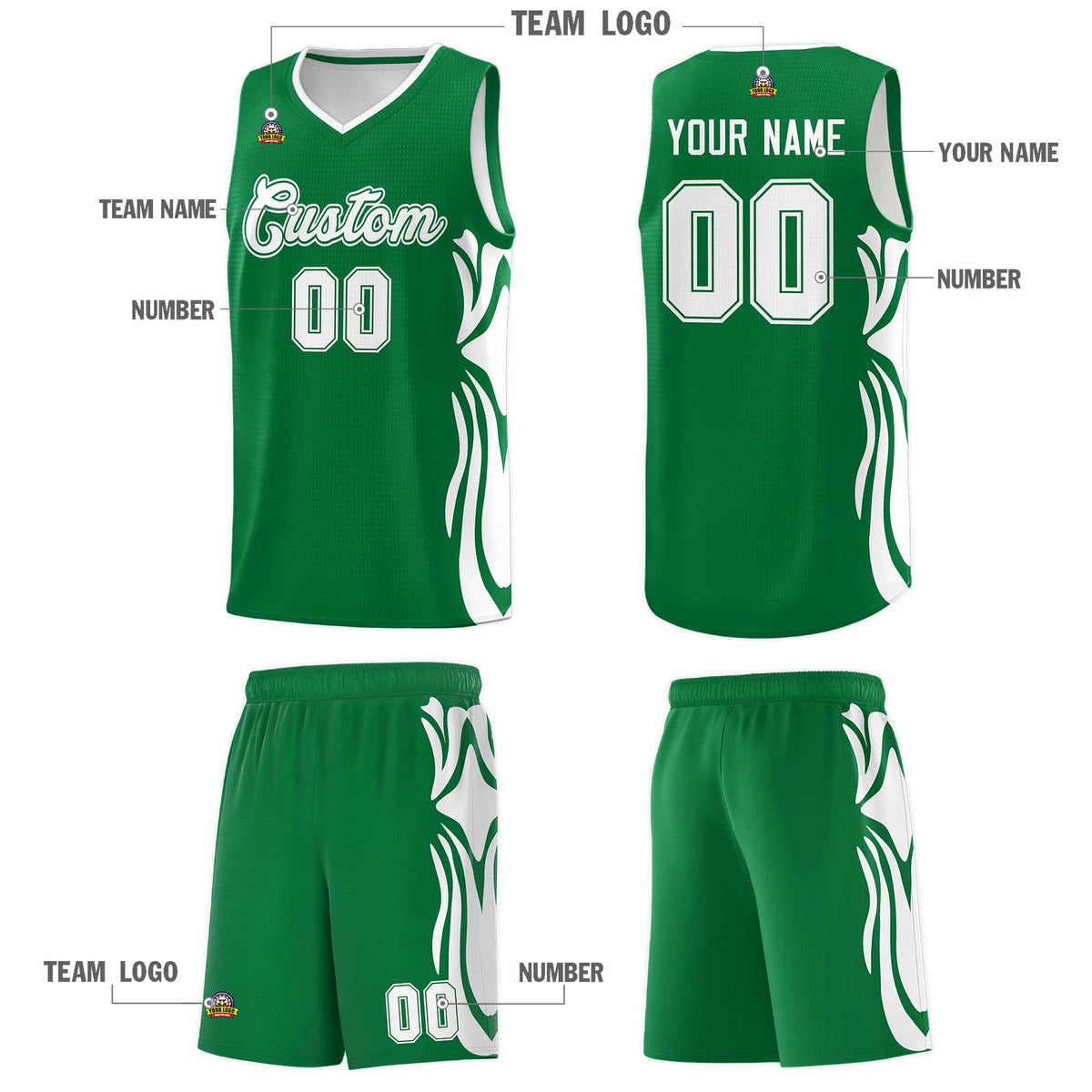 Custom Kelly Green White-White Graffiti Pattern Side Curve Pattern Sports Uniform Basketball Jersey Sets