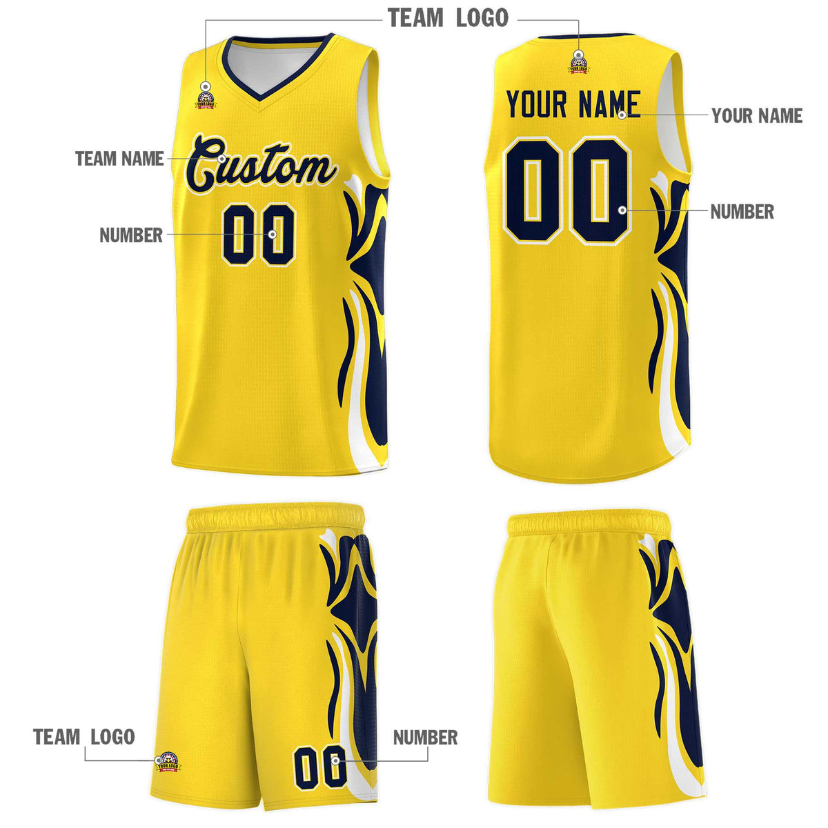 Custom Gold Navy-White Graffiti Pattern Side Curve Pattern Sports Uniform Basketball Jersey Sets