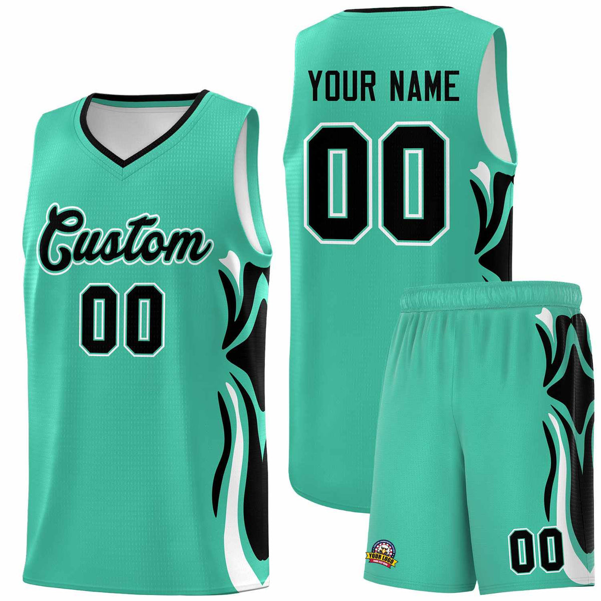 Custom Bright Green Black-White Graffiti Pattern Side Curve Pattern Sports Uniform Basketball Jersey Sets