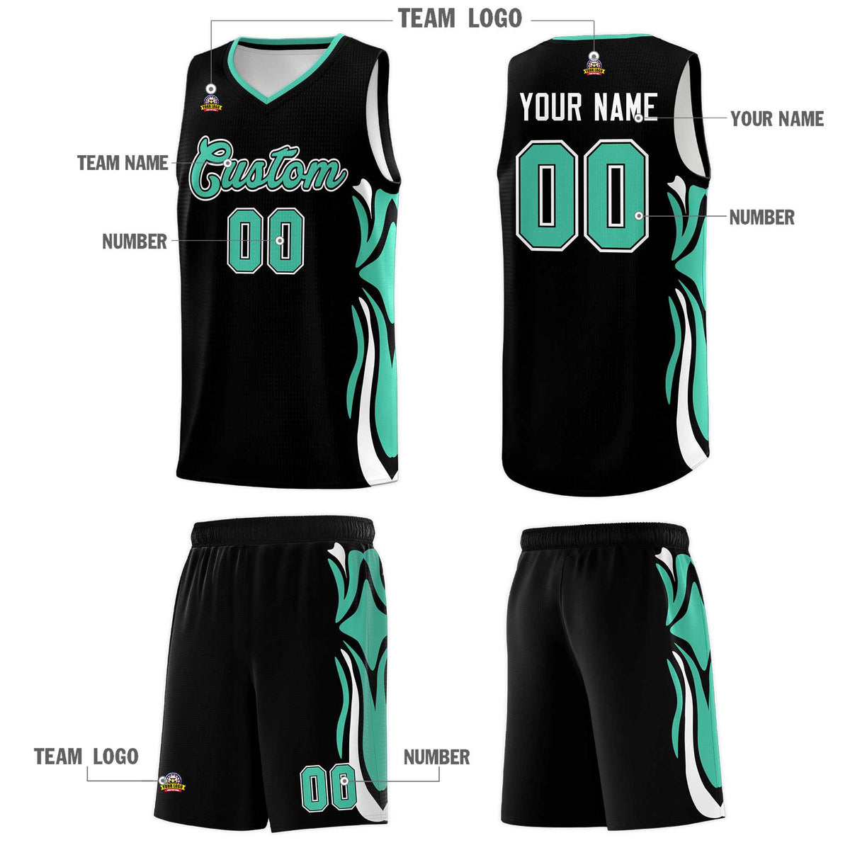 Custom Black Bright Green-White Graffiti Pattern Side Curve Pattern Sports Uniform Basketball Jersey Sets