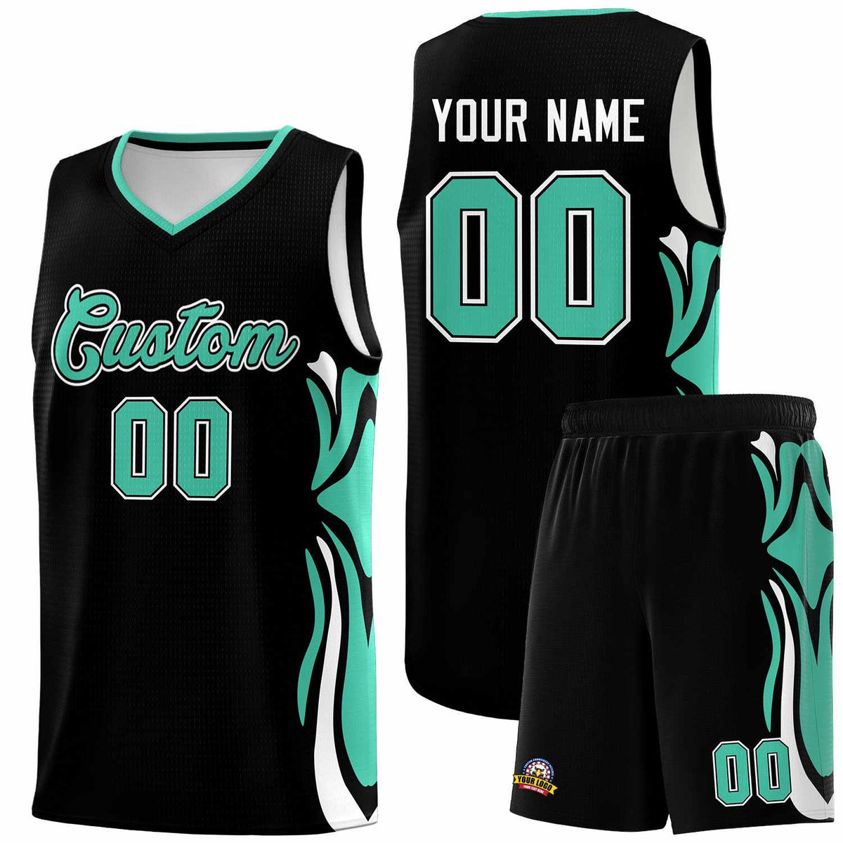 Custom Black Bright Green-White Graffiti Pattern Side Curve Pattern Sports Uniform Basketball Jersey Sets