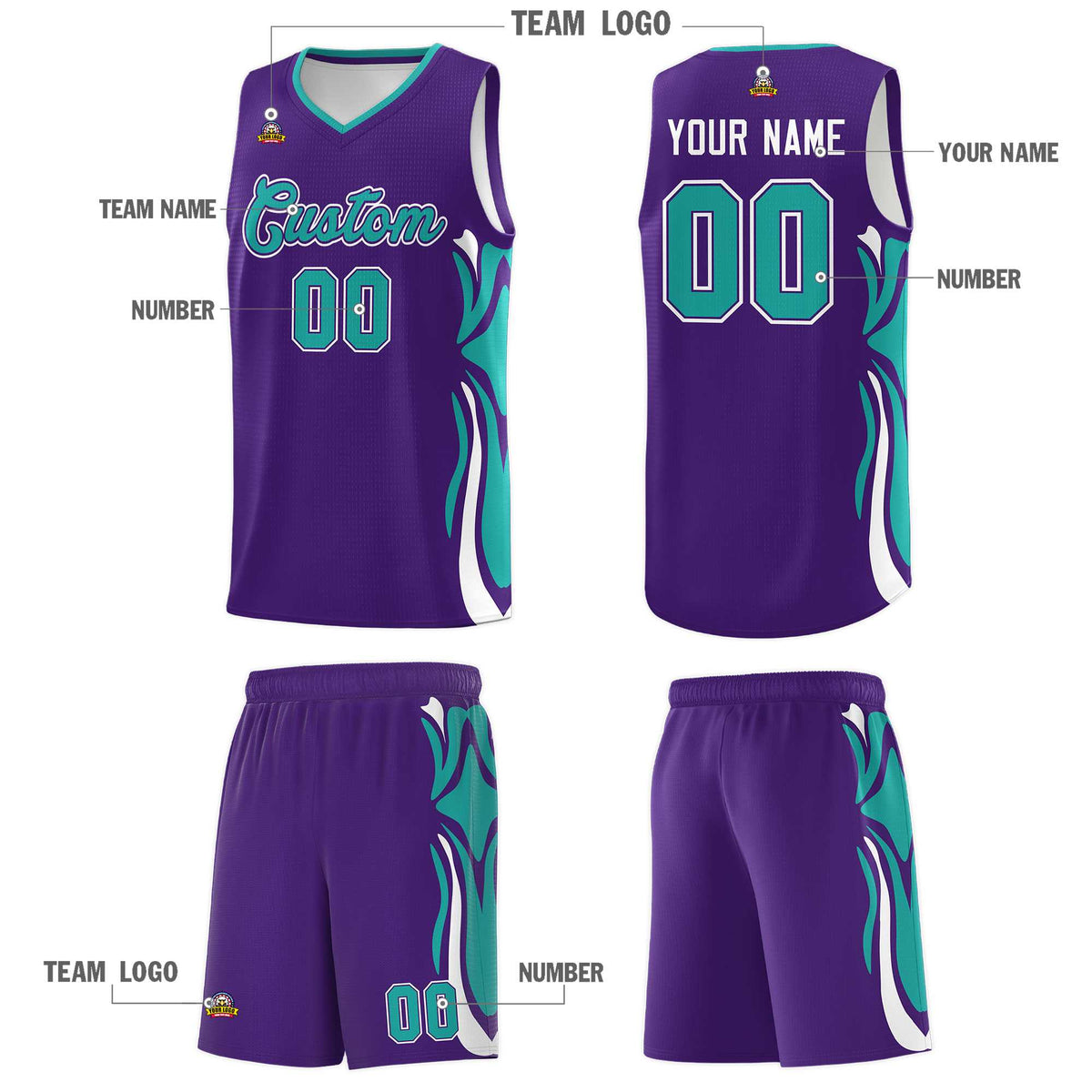 Custom Purple Aqua-White Graffiti Pattern Side Curve Pattern Sports Uniform Basketball Jersey Sets