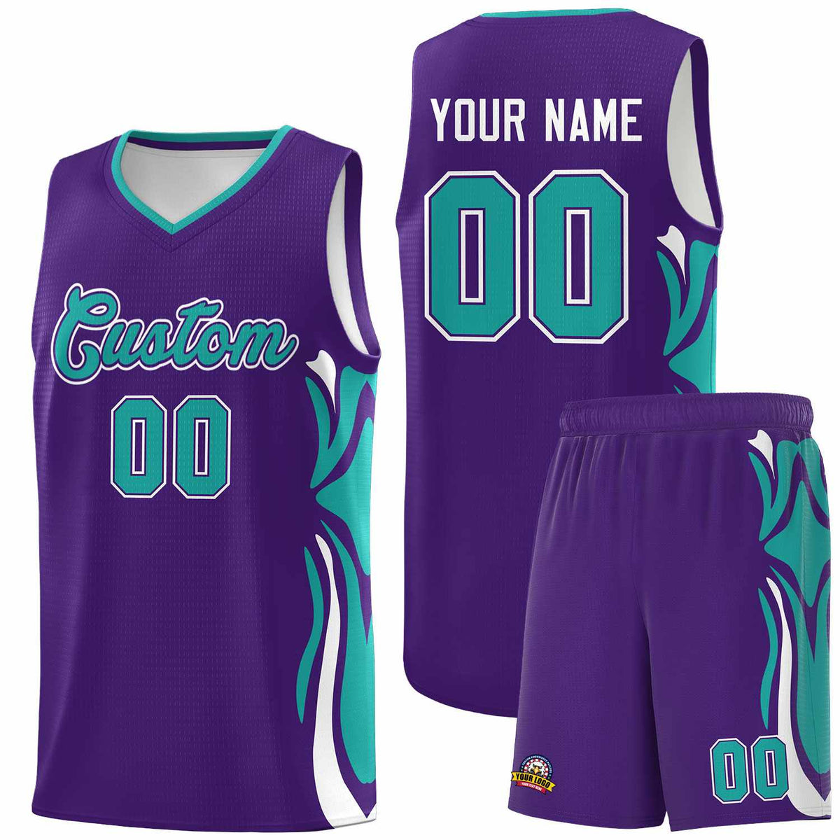 Custom Purple Aqua-White Graffiti Pattern Side Curve Pattern Sports Uniform Basketball Jersey Sets