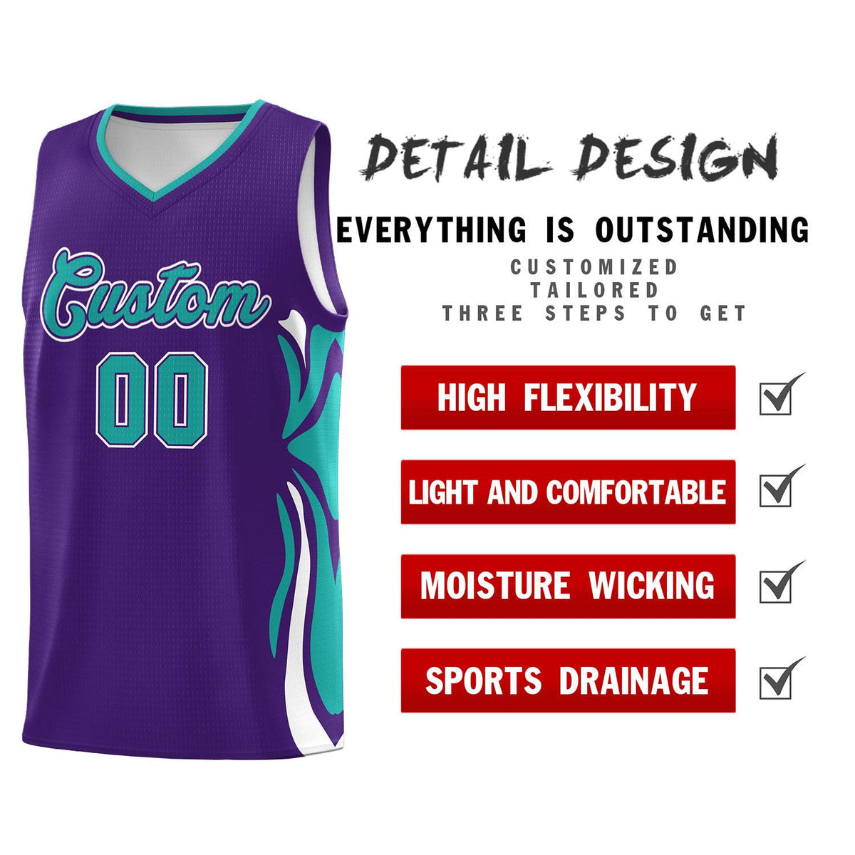 Custom Purple Aqua-White Graffiti Pattern Side Curve Pattern Sports Uniform Basketball Jersey Sets