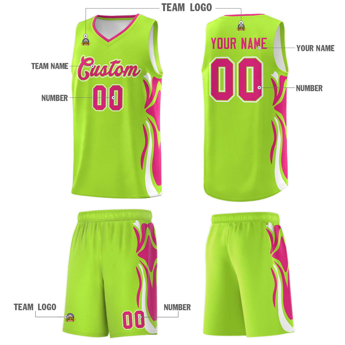 Custom Light Green Pink-White Graffiti Pattern Side Curve Pattern Sports Uniform Basketball Jersey Sets