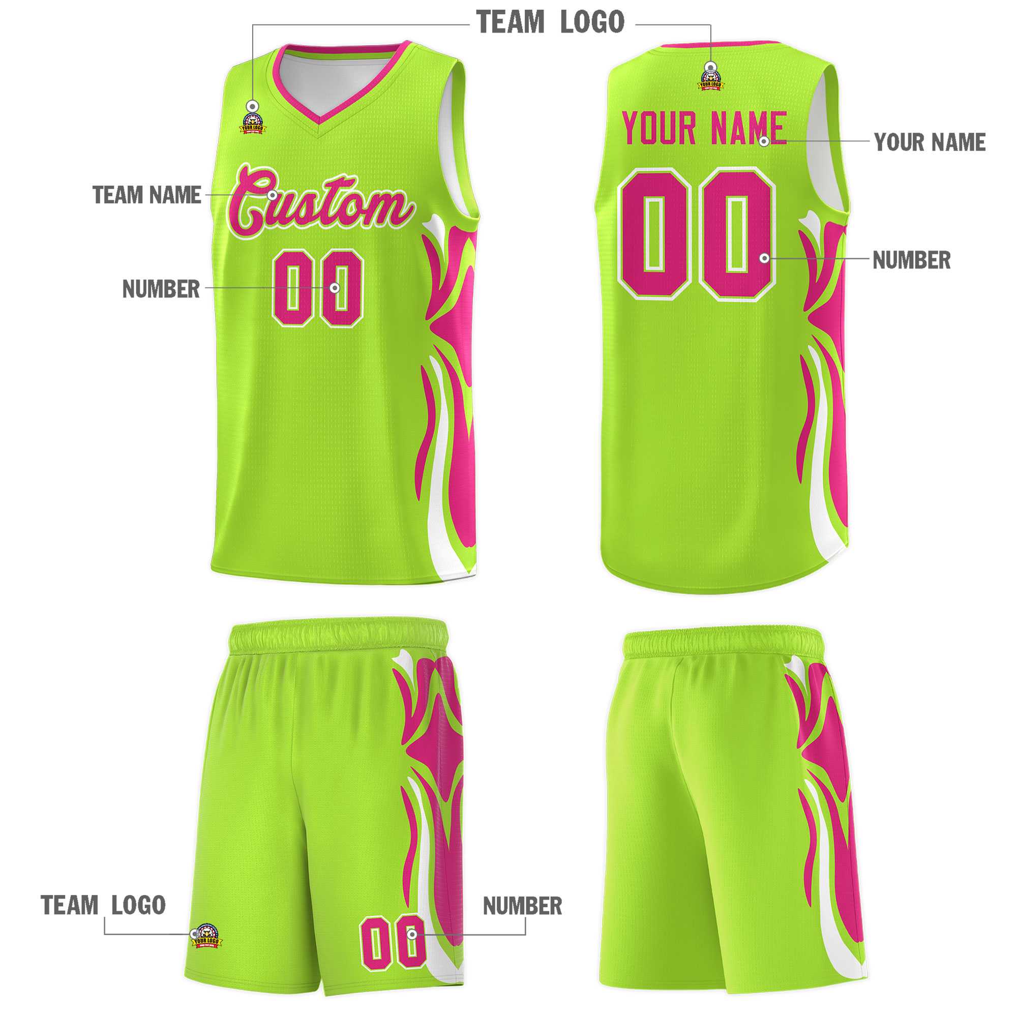 Custom Light Green Pink-White Graffiti Pattern Side Curve Pattern Sports Uniform Basketball Jersey Sets