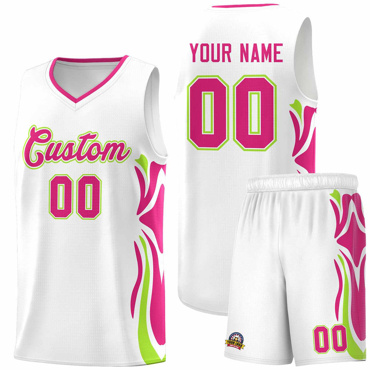 Custom White Pink-Light Green Graffiti Pattern Side Curve Pattern Sports Uniform Basketball Jersey Sets