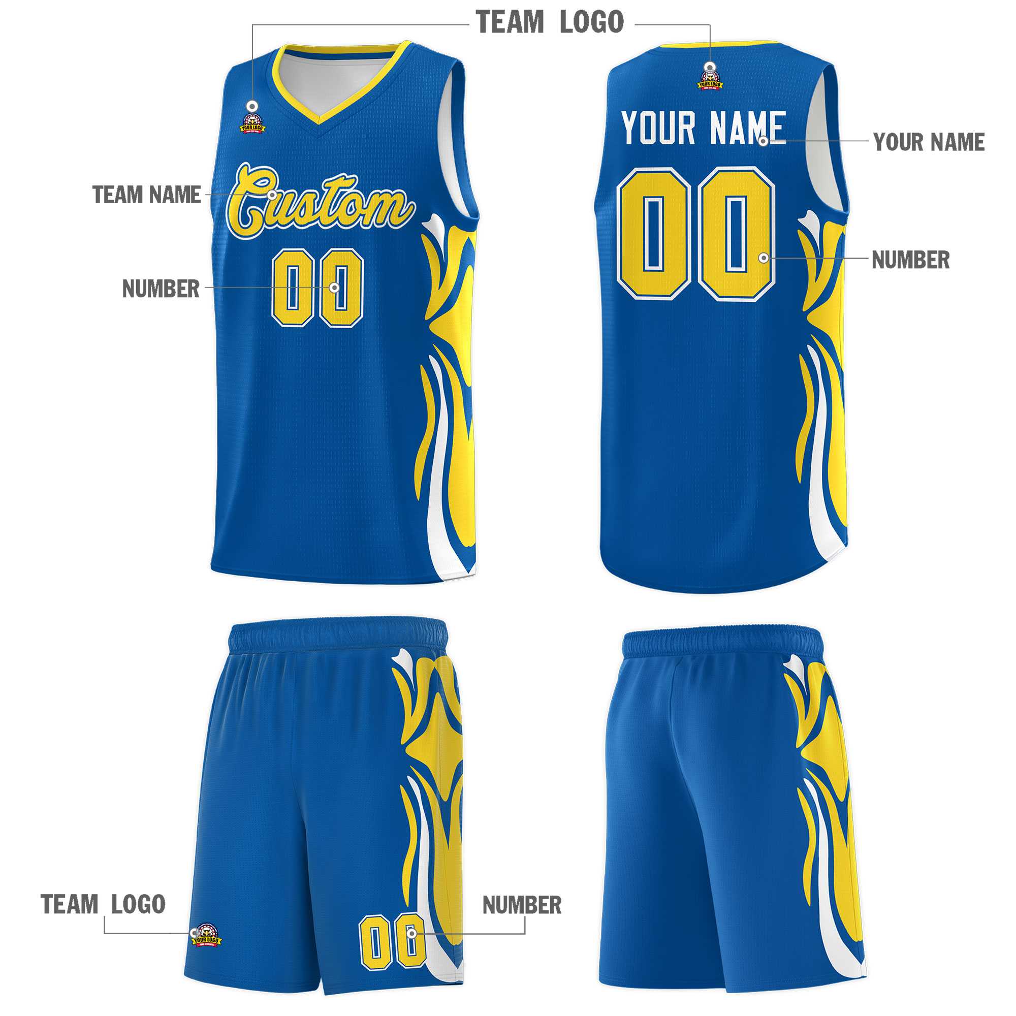 Custom Royal Gold-White Graffiti Pattern Side Curve Pattern Sports Uniform Basketball Jersey Sets