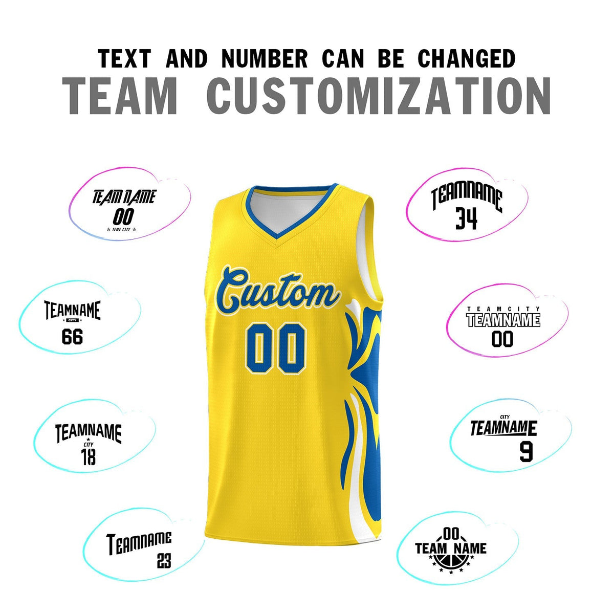 Custom Gold Royal-White Graffiti Pattern Side Curve Pattern Sports Uniform Basketball Jersey Sets