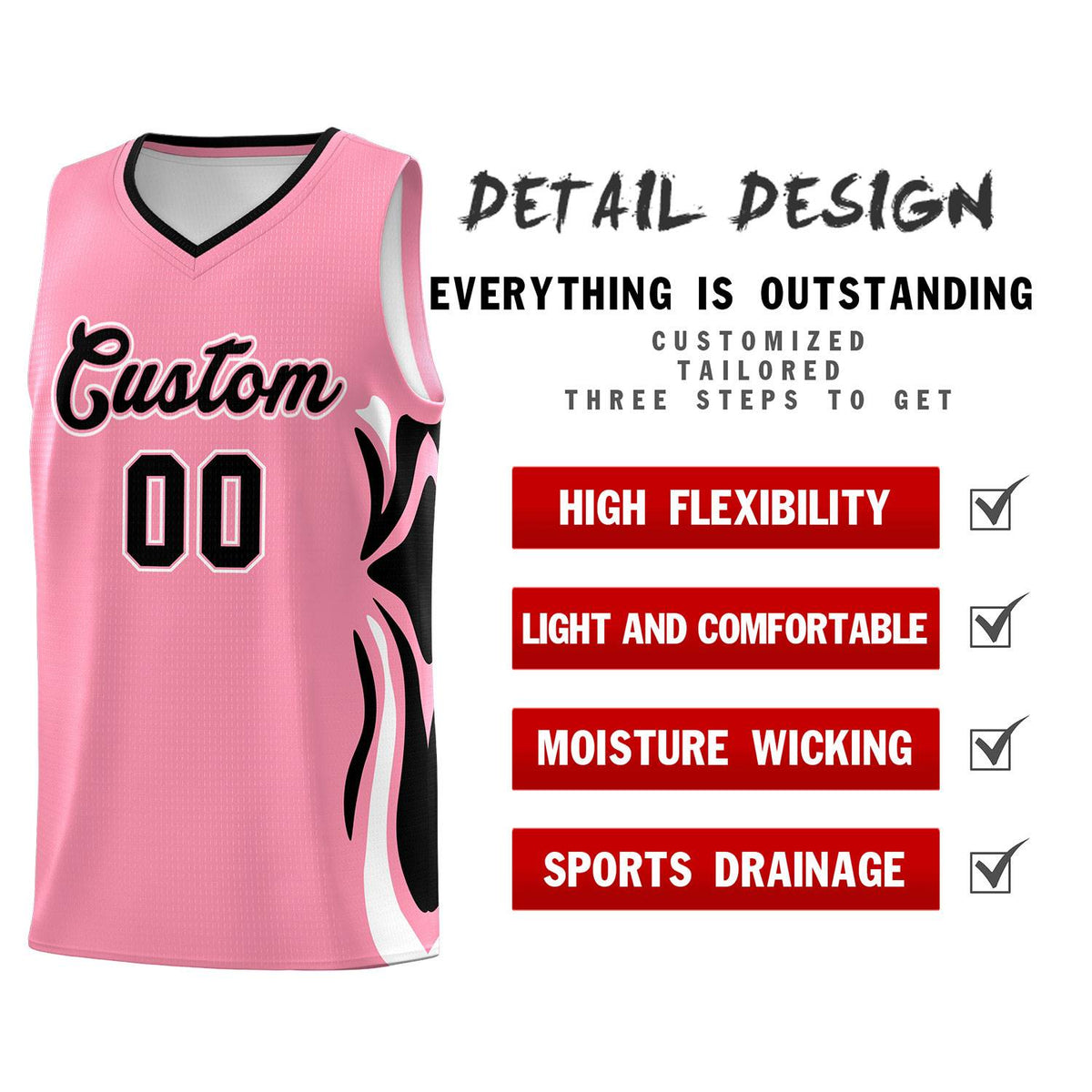 Custom Light Pink Black-White Graffiti Pattern Side Curve Pattern Sports Uniform Basketball Jersey Sets