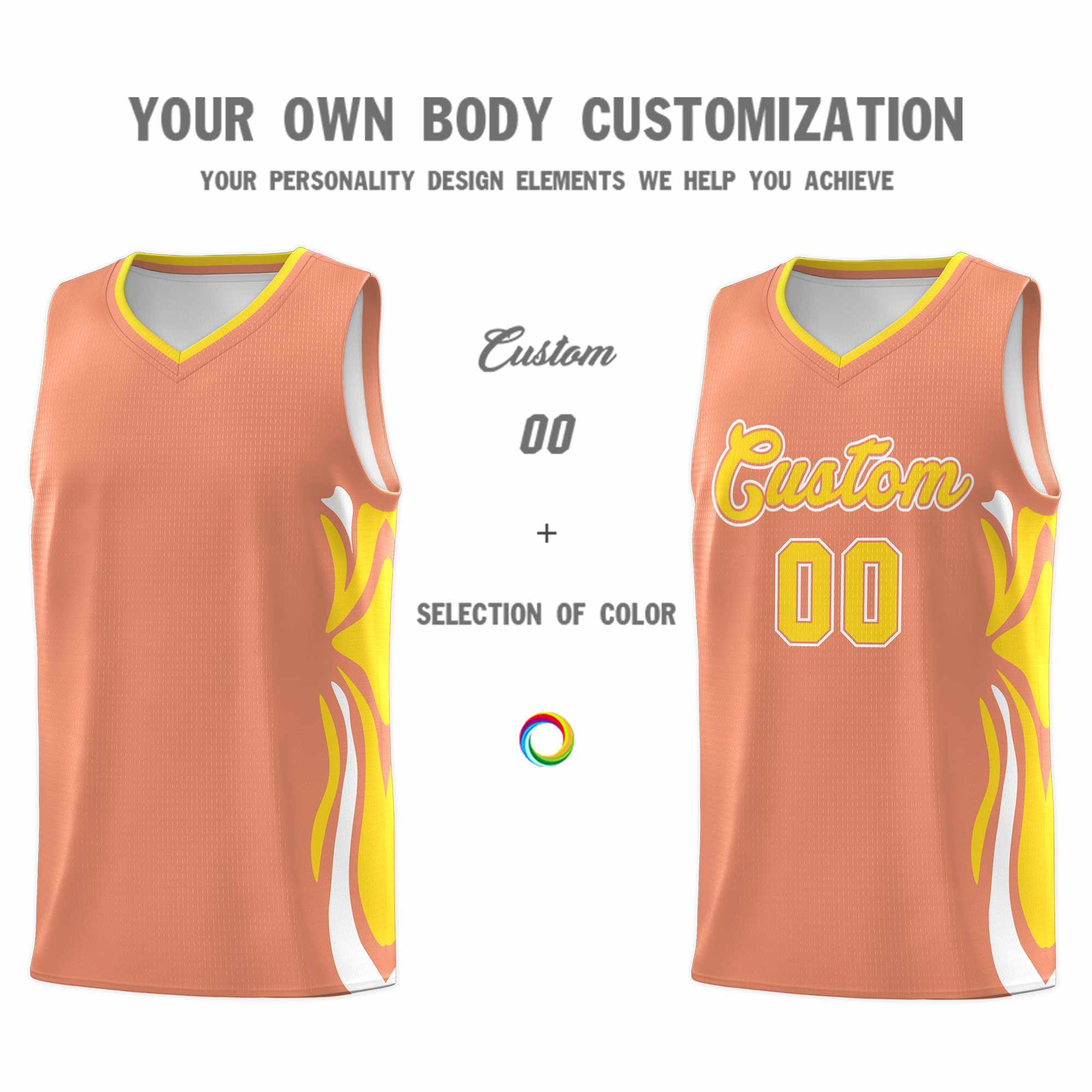 Custom Light Orange Gold-White Graffiti Pattern Side Curve Pattern Sports Uniform Basketball Jersey Sets