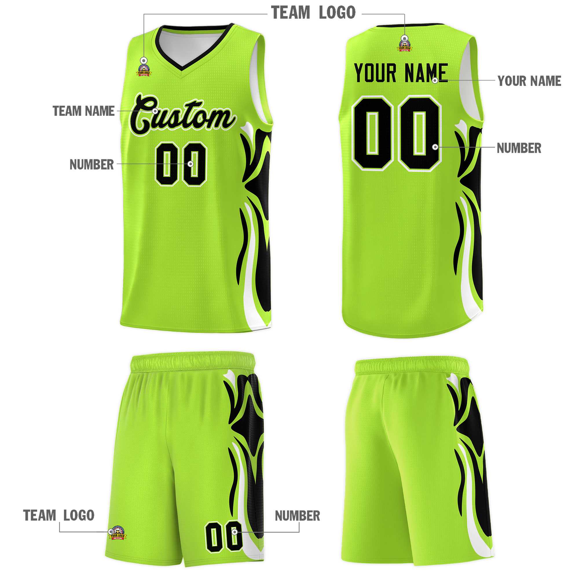 Custom Light Green Black-White Graffiti Pattern Side Curve Pattern Sports Uniform Basketball Jersey Sets