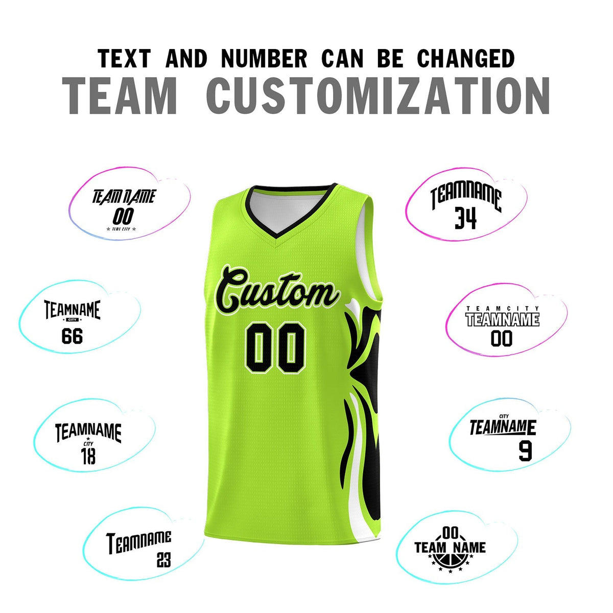 Custom Light Green Black-White Graffiti Pattern Side Curve Pattern Sports Uniform Basketball Jersey Sets
