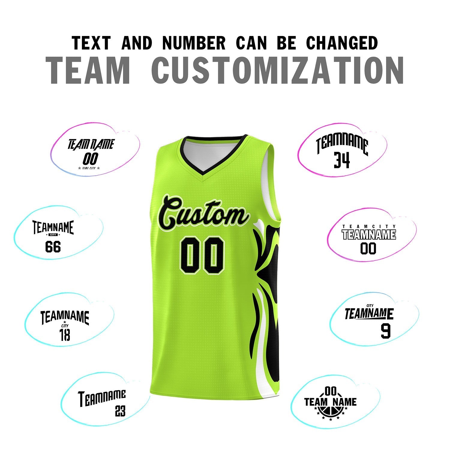Custom Light Green Black-White Graffiti Pattern Side Curve Pattern Sports Uniform Basketball Jersey Sets