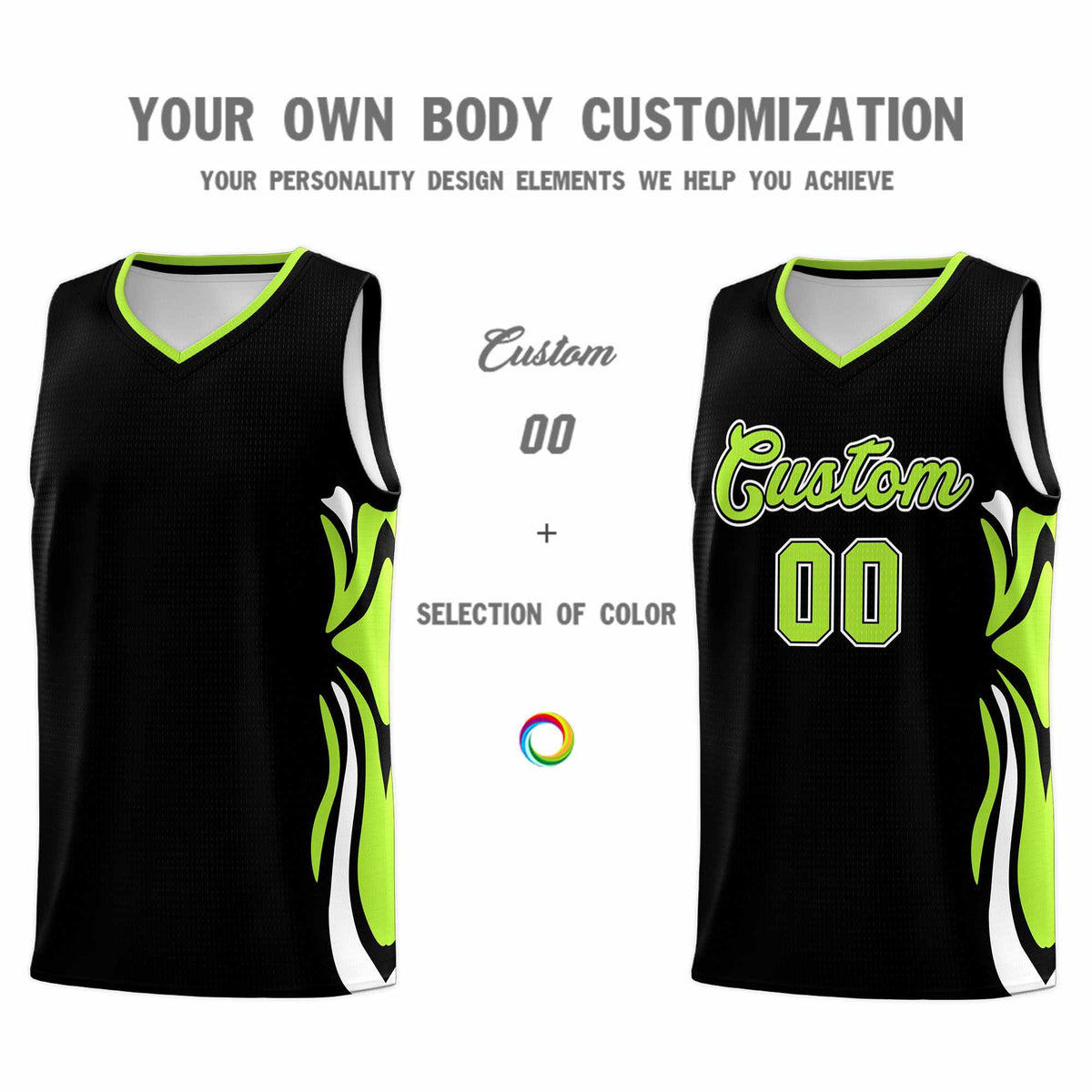 Custom Black Light Green-White Graffiti Pattern Side Curve Pattern Sports Uniform Basketball Jersey Sets