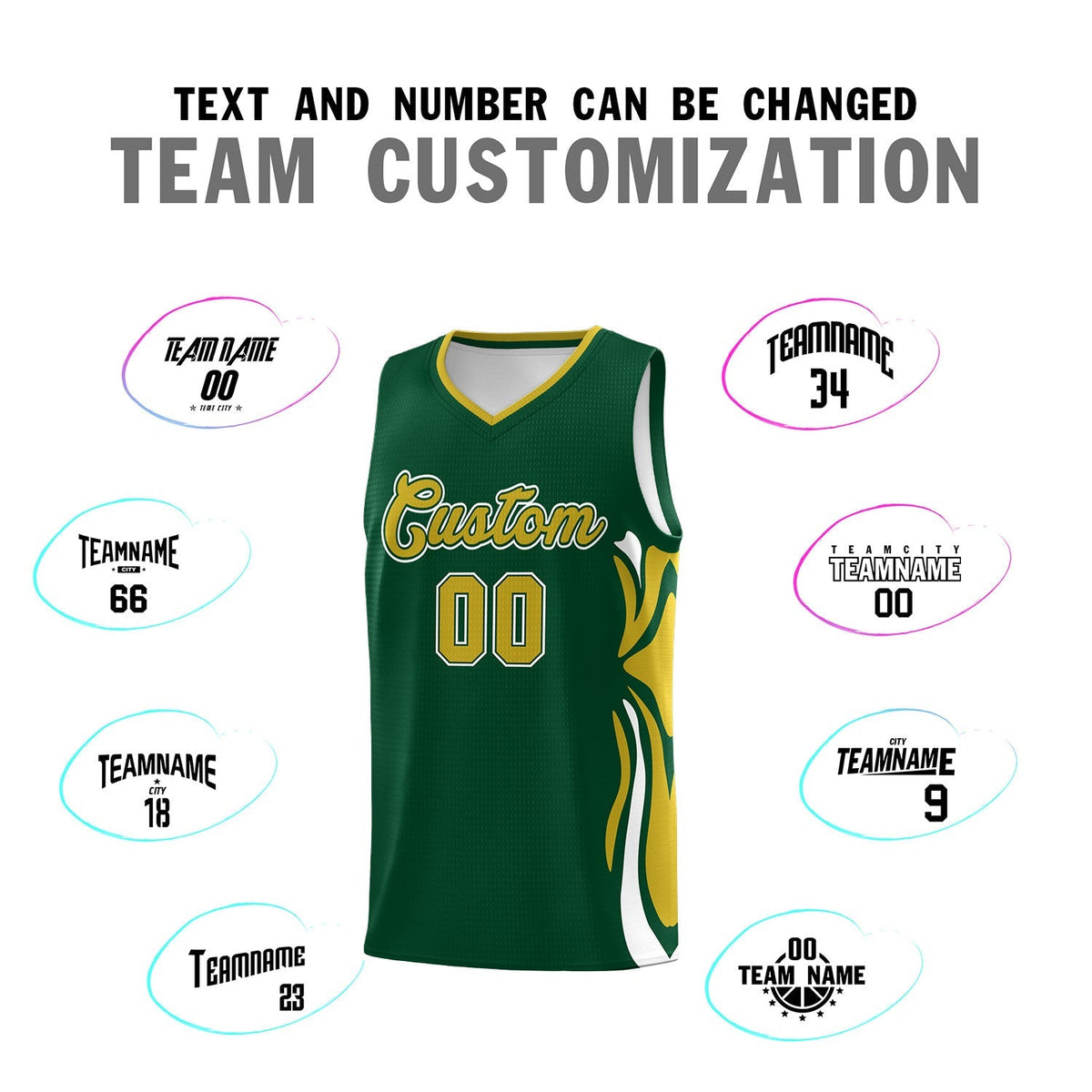 Custom Green Old Gold-White Graffiti Pattern Side Curve Pattern Sports Uniform Basketball Jersey Sets
