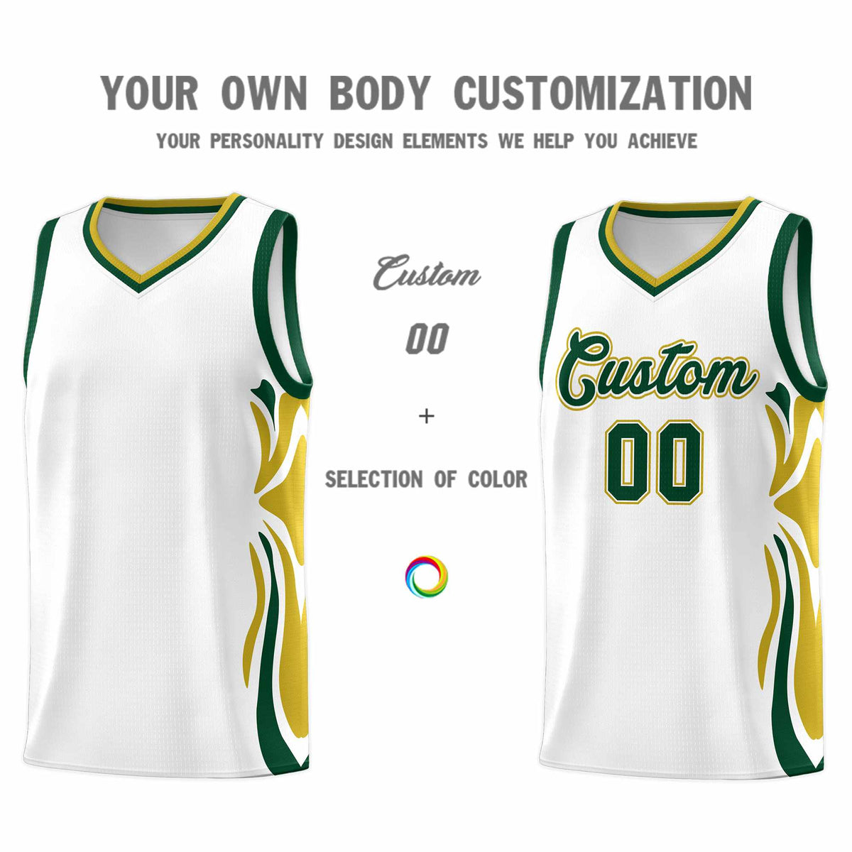 Custom White Green-Old Gold Graffiti Pattern Side Curve Pattern Sports Uniform Basketball Jersey Sets