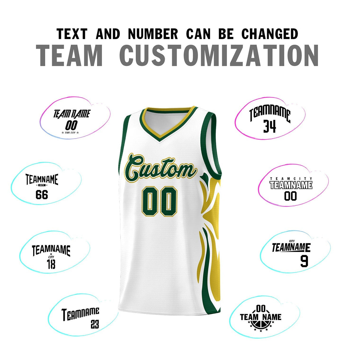 Custom White Green-Old Gold Graffiti Pattern Side Curve Pattern Sports Uniform Basketball Jersey Sets