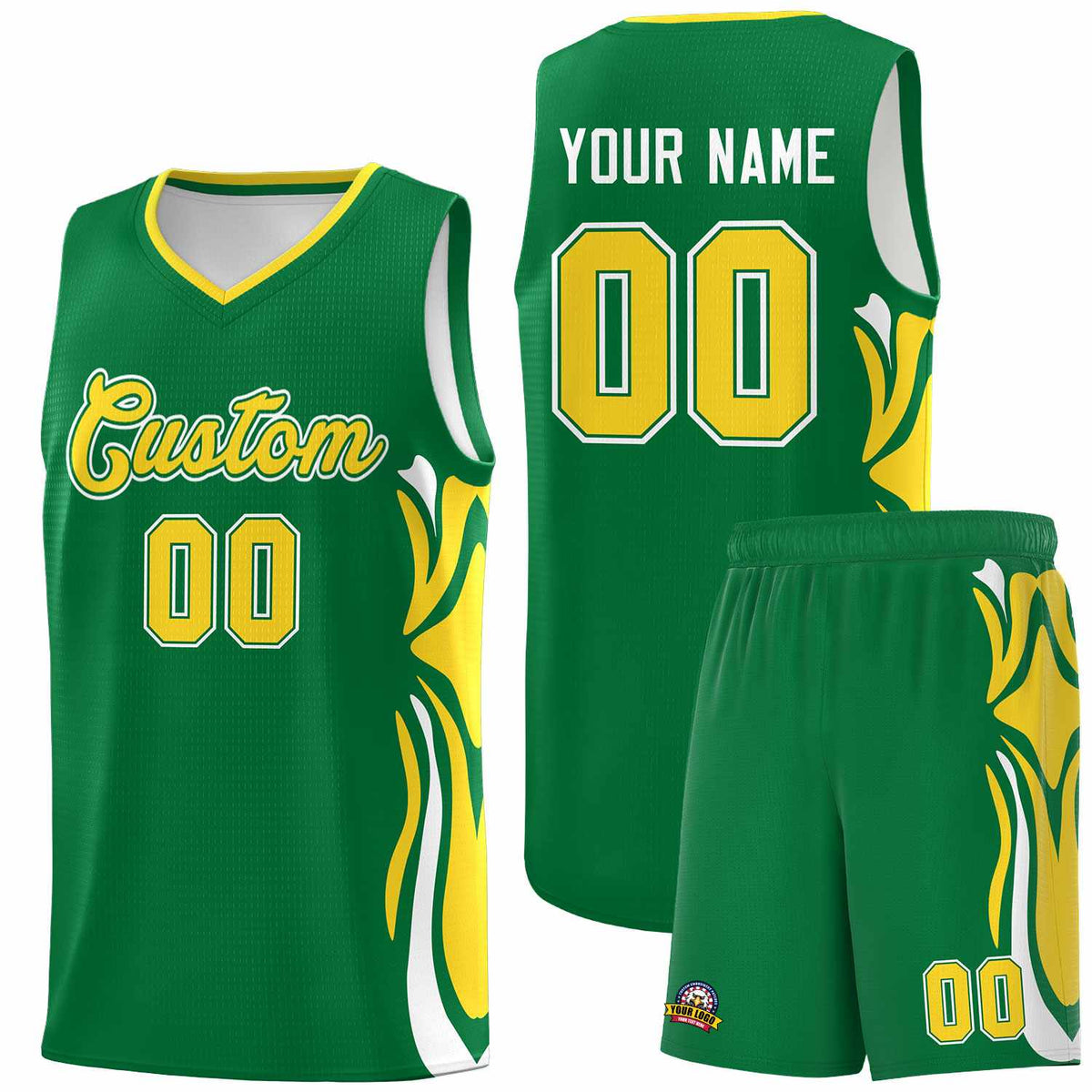 Custom Kelly Green Gold-White Graffiti Pattern Side Curve Pattern Sports Uniform Basketball Jersey Sets