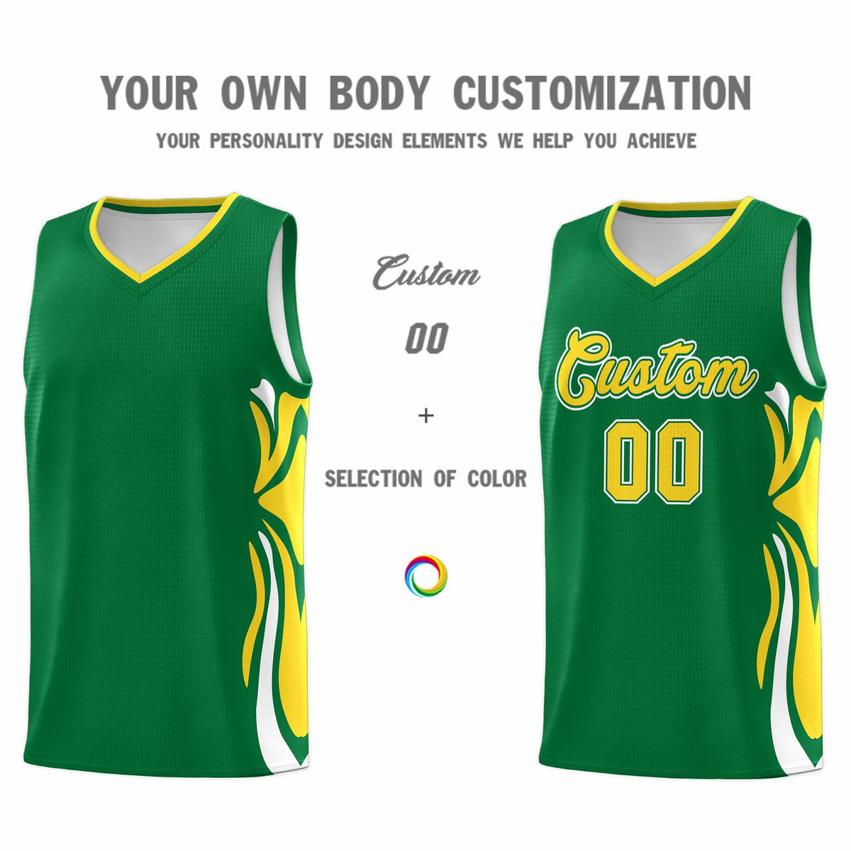 Custom Kelly Green Gold-White Graffiti Pattern Side Curve Pattern Sports Uniform Basketball Jersey Sets