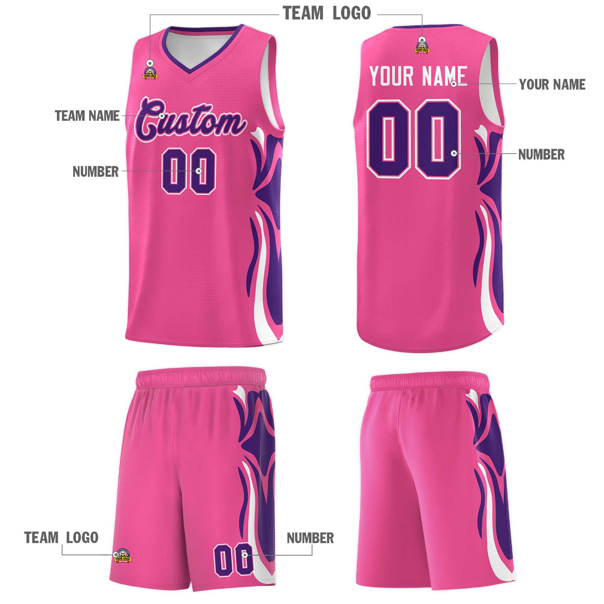 Custom Pink Purple-White Graffiti Pattern Side Curve Pattern Sports Uniform Basketball Jersey Sets