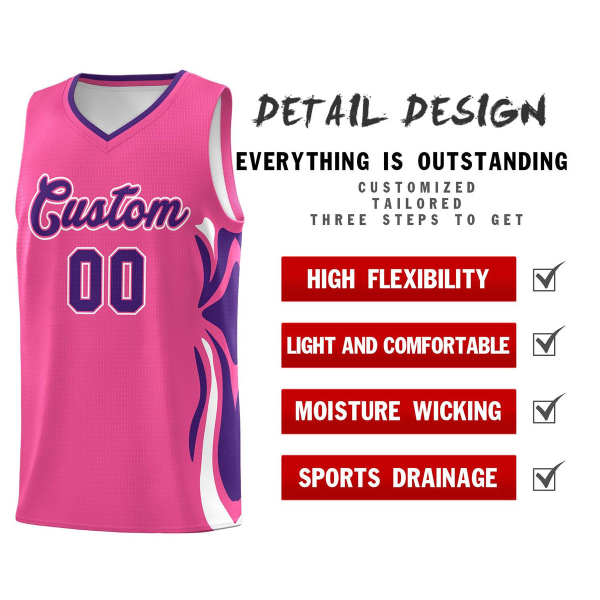 Custom Pink Purple-White Graffiti Pattern Side Curve Pattern Sports Uniform Basketball Jersey Sets