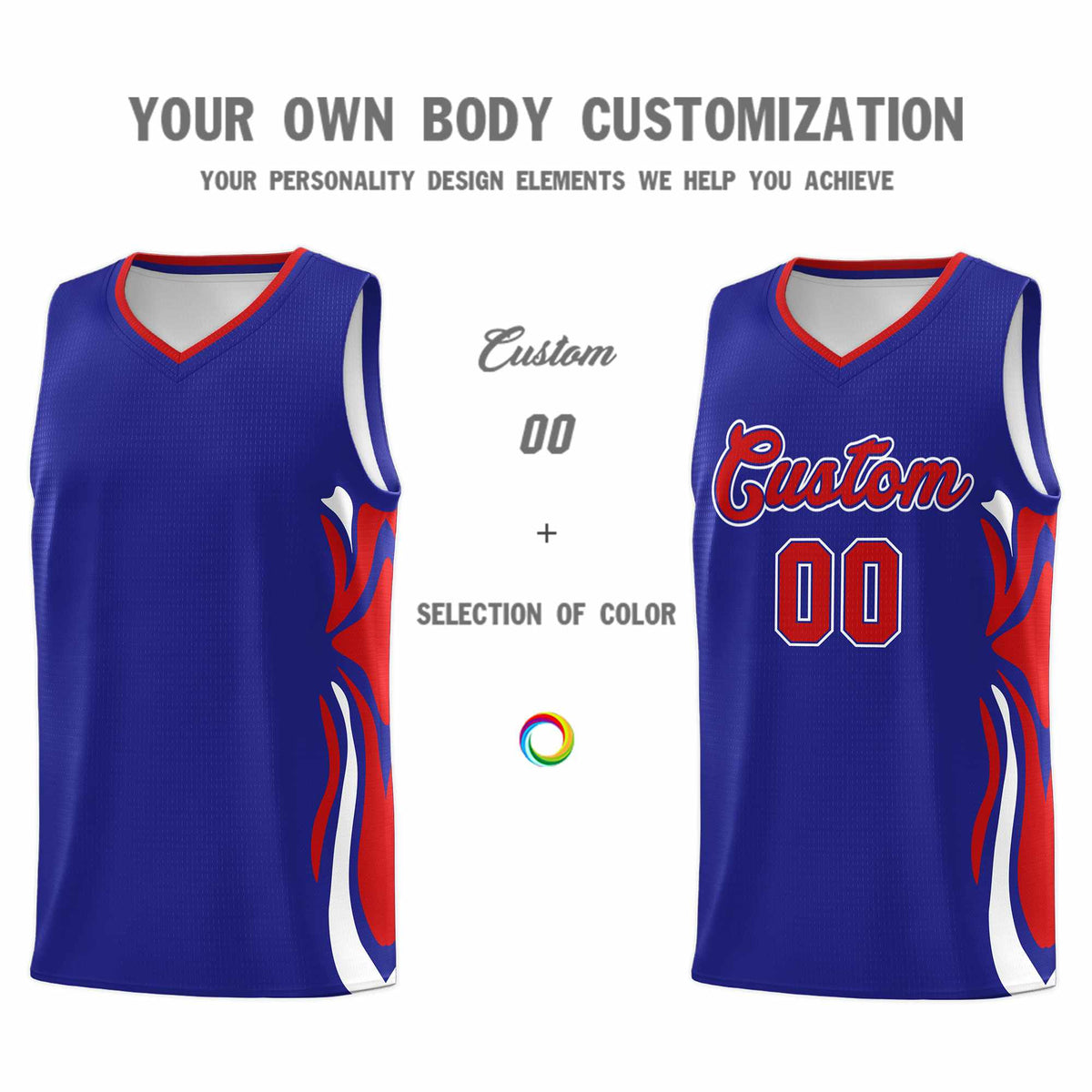 Custom Royal Red-White Graffiti Pattern Side Curve Pattern Sports Uniform Basketball Jersey Sets