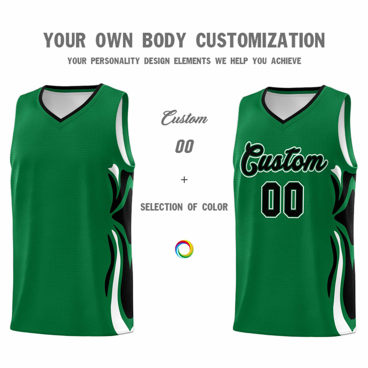 Custom Kelly Green Black-White Graffiti Pattern Side Curve Pattern Sports Uniform Basketball Jersey Sets