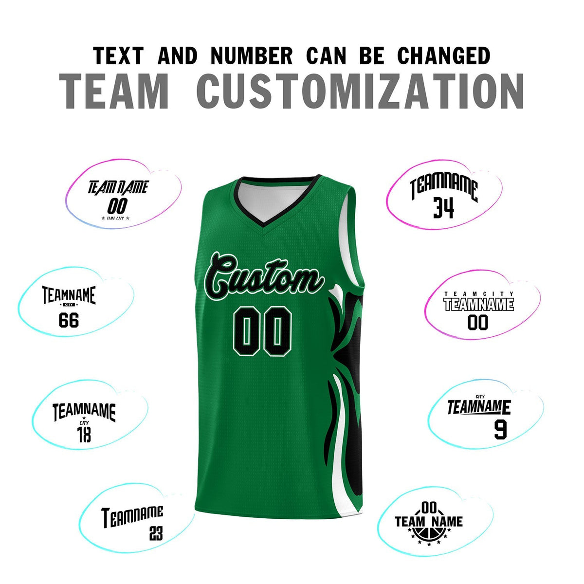 Custom Kelly Green Black-White Graffiti Pattern Side Curve Pattern Sports Uniform Basketball Jersey Sets