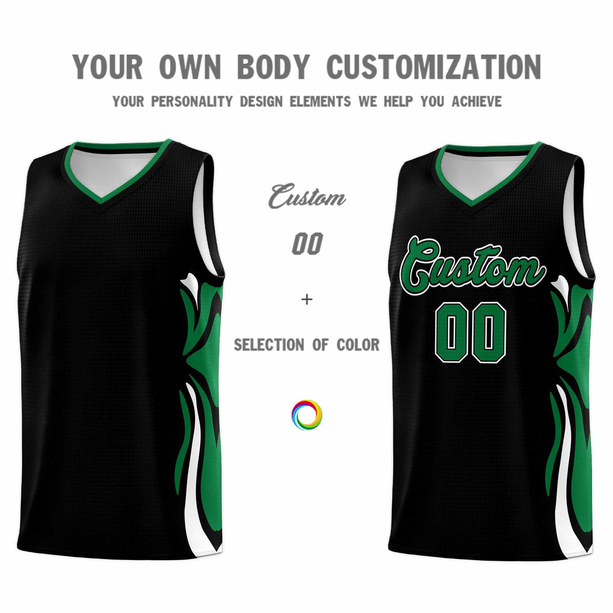Custom Black Kelly Green-White Graffiti Pattern Side Curve Pattern Sports Uniform Basketball Jersey Sets