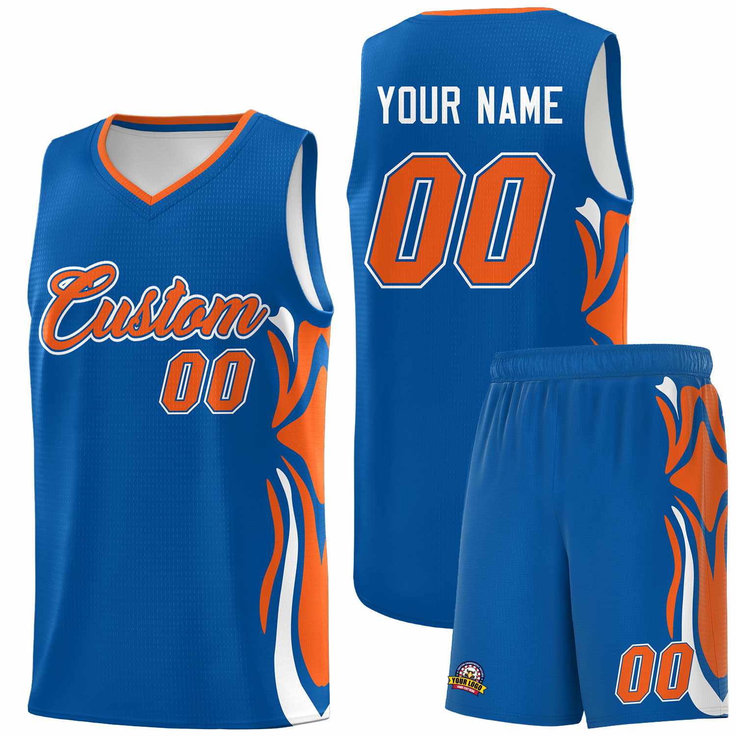 Custom Royal Orange-White Graffiti Pattern Side Curve Pattern Sports Uniform Basketball Jersey Sets