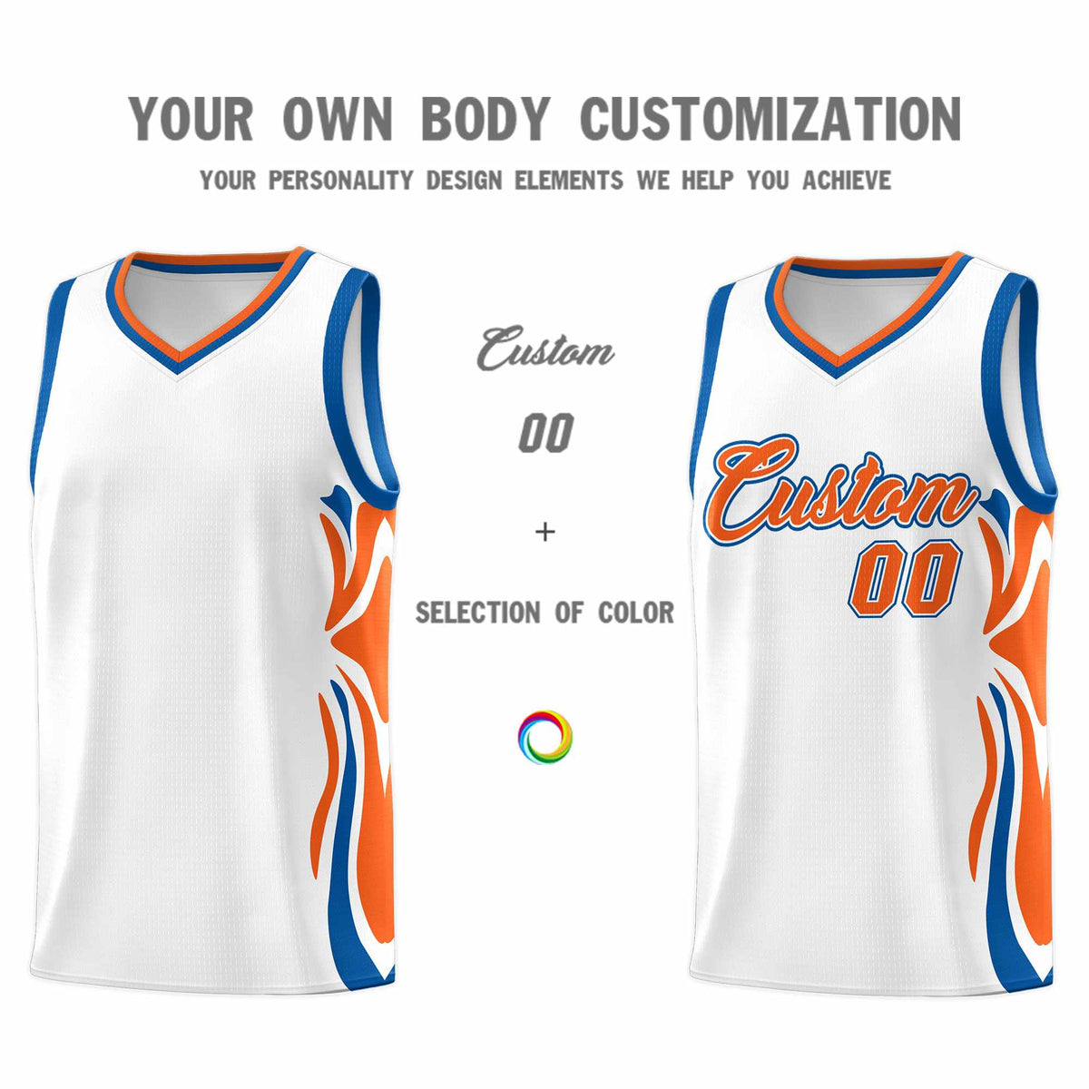 Custom White Orange-Royal Graffiti Pattern Side Curve Pattern Sports Uniform Basketball Jersey Sets