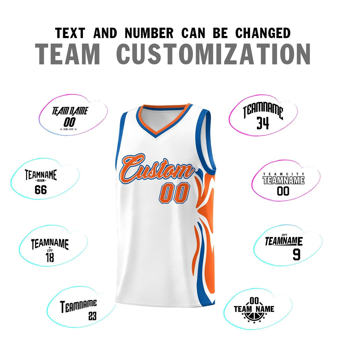 Custom White Orange-Royal Graffiti Pattern Side Curve Pattern Sports Uniform Basketball Jersey Sets