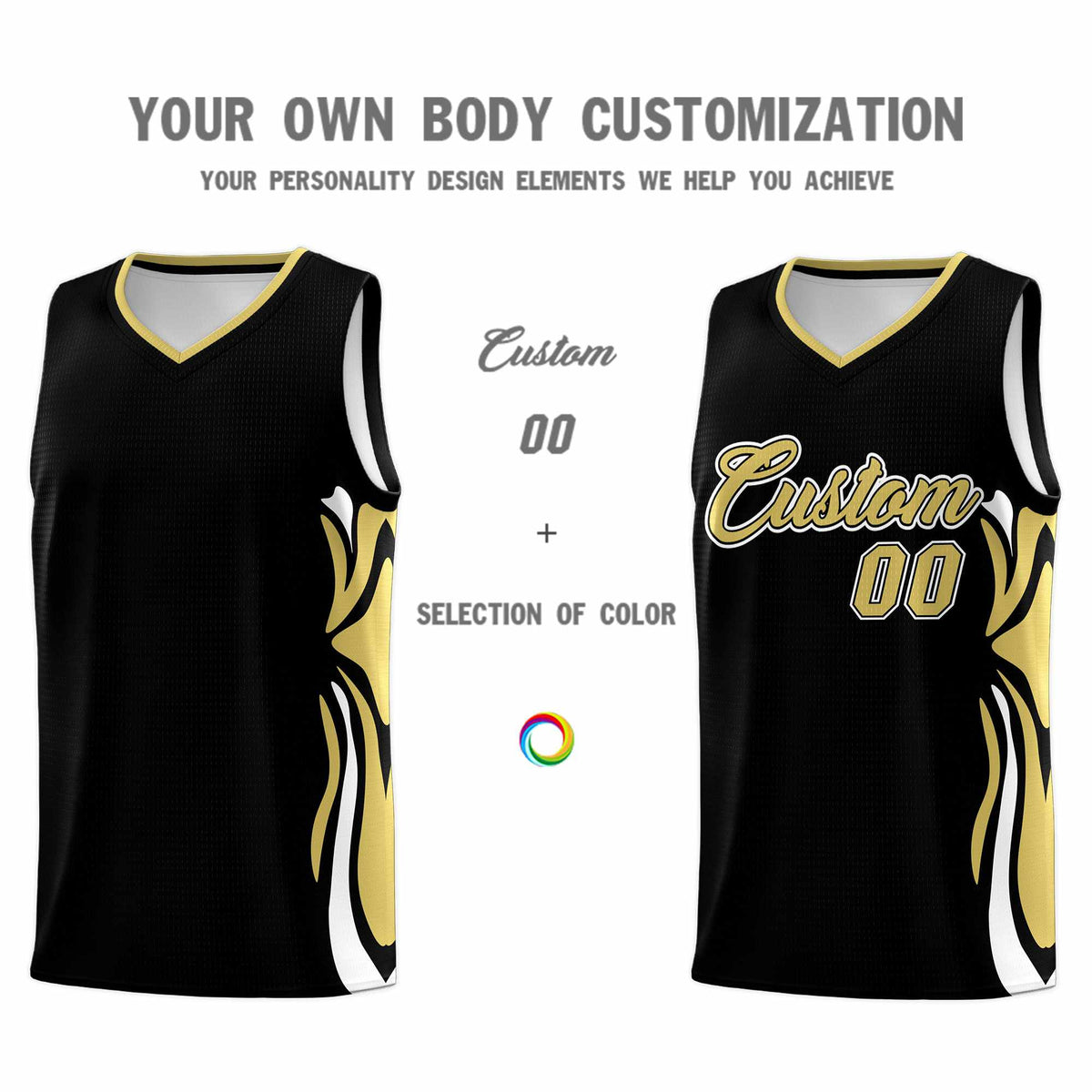Custom Black Old Gold-White Graffiti Pattern Side Curve Pattern Sports Uniform Basketball Jersey Sets