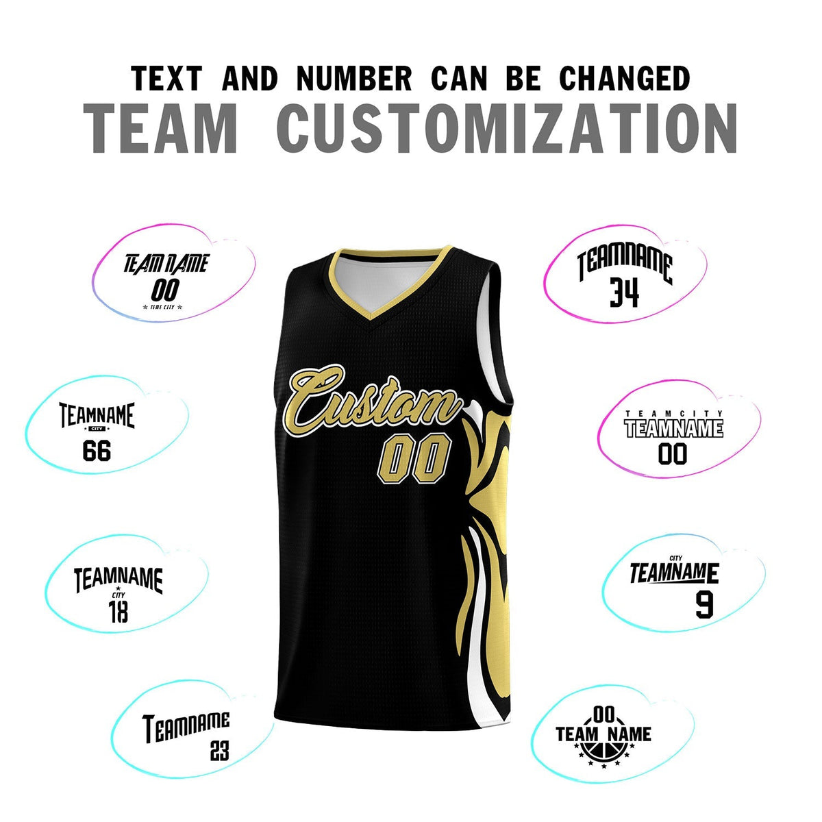 Custom Black Old Gold-White Graffiti Pattern Side Curve Pattern Sports Uniform Basketball Jersey Sets