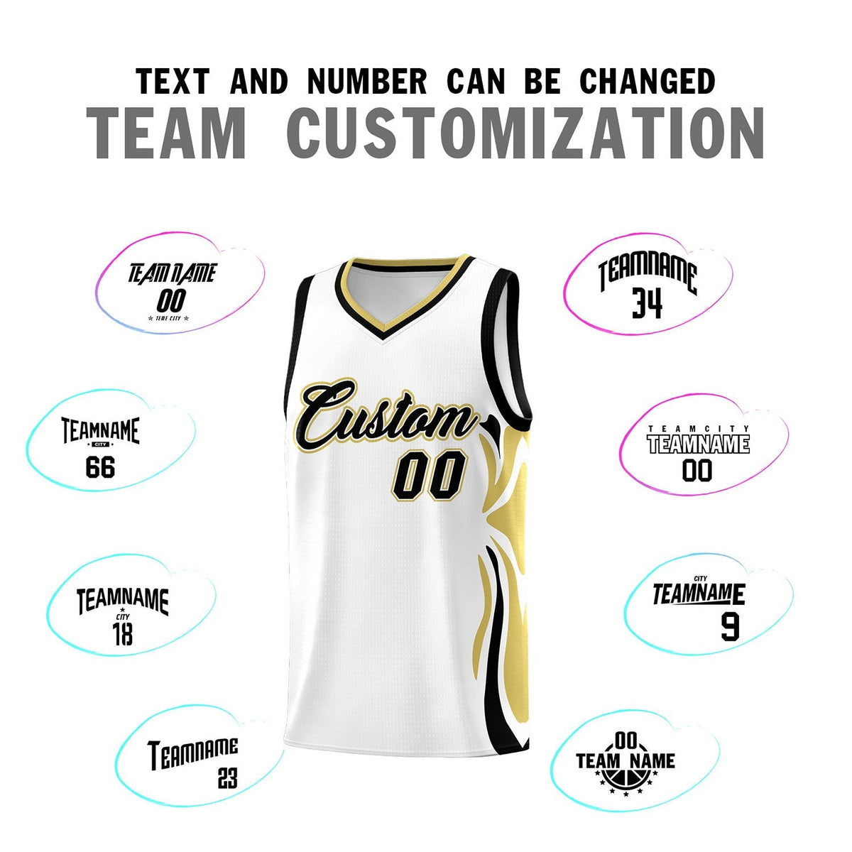 Custom White Black-Old Gold Graffiti Pattern Side Curve Pattern Sports Uniform Basketball Jersey Sets