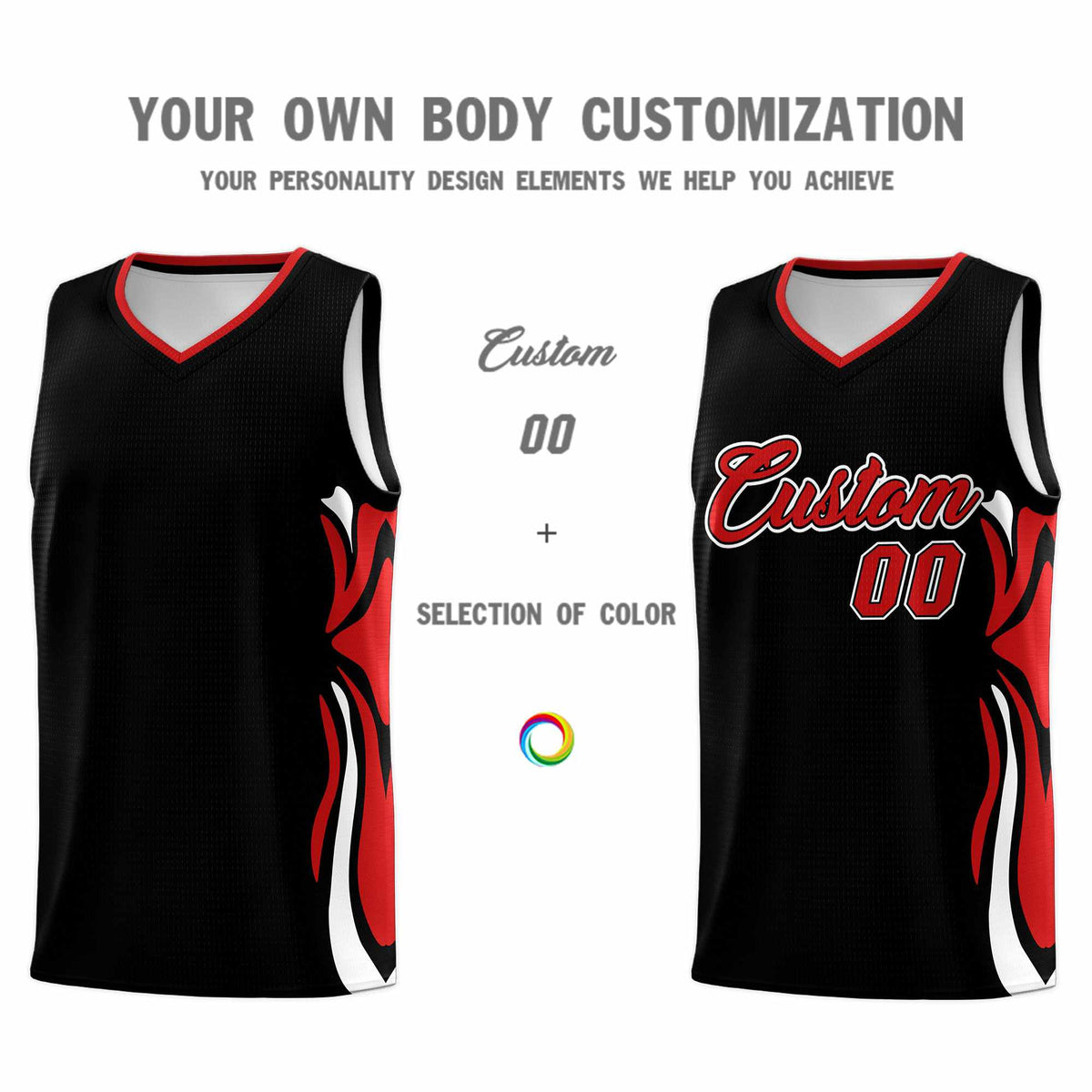Custom Black Red-White Graffiti Pattern Side Curve Pattern Sports Uniform Basketball Jersey Sets