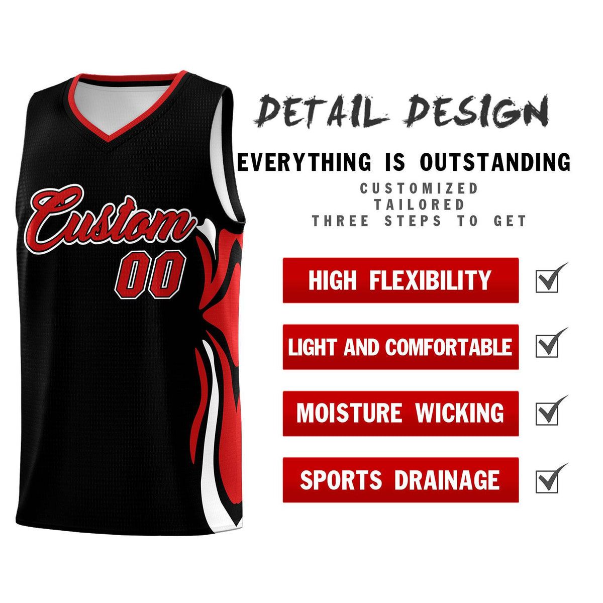 Custom Black Red-White Graffiti Pattern Side Curve Pattern Sports Uniform Basketball Jersey Sets
