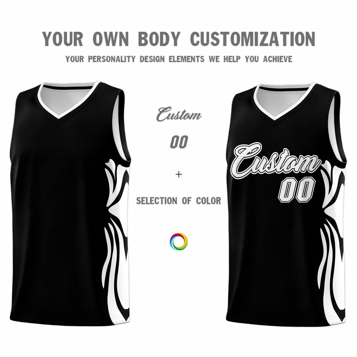 Custom Black White-White Graffiti Pattern Side Curve Pattern Sports Uniform Basketball Jersey Sets