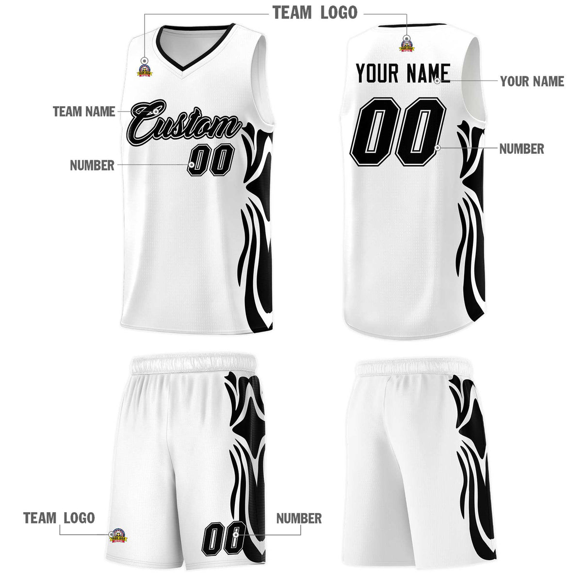 Custom White Black-Black Graffiti Pattern Side Curve Pattern Sports Uniform Basketball Jersey Sets