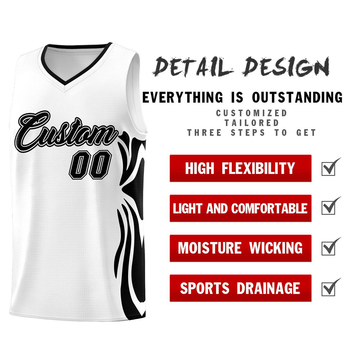 Custom White Black-Black Graffiti Pattern Side Curve Pattern Sports Uniform Basketball Jersey Sets