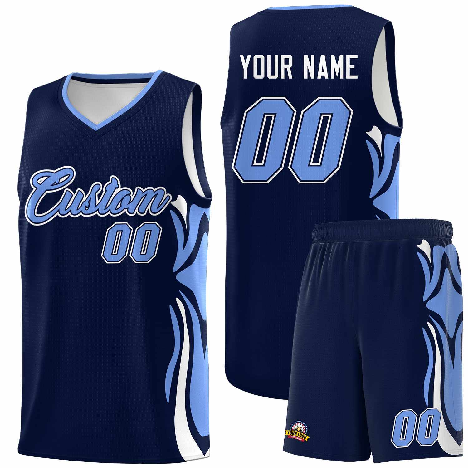 Custom Navy Light Blue-White Graffiti Pattern Side Curve Pattern Sports Uniform Basketball Jersey Sets