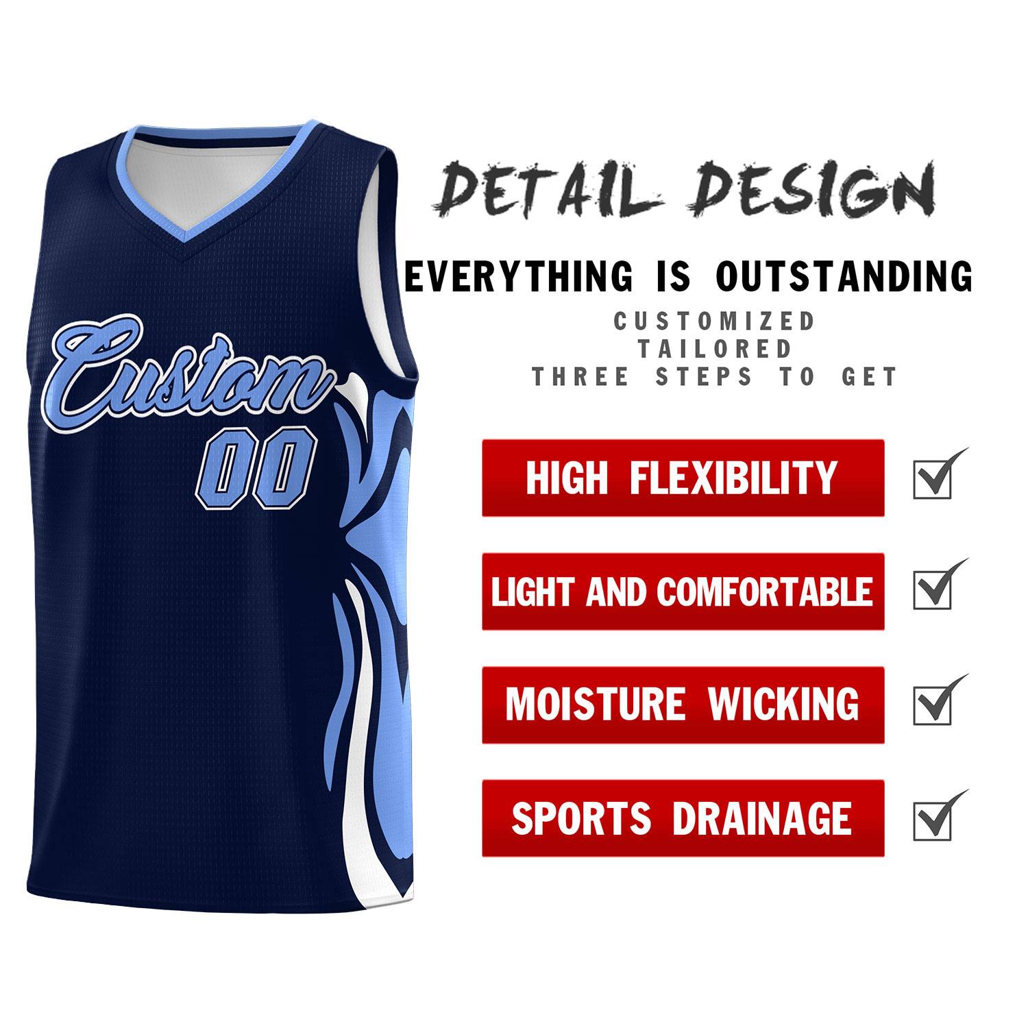 Custom Navy Light Blue-White Graffiti Pattern Side Curve Pattern Sports Uniform Basketball Jersey Sets