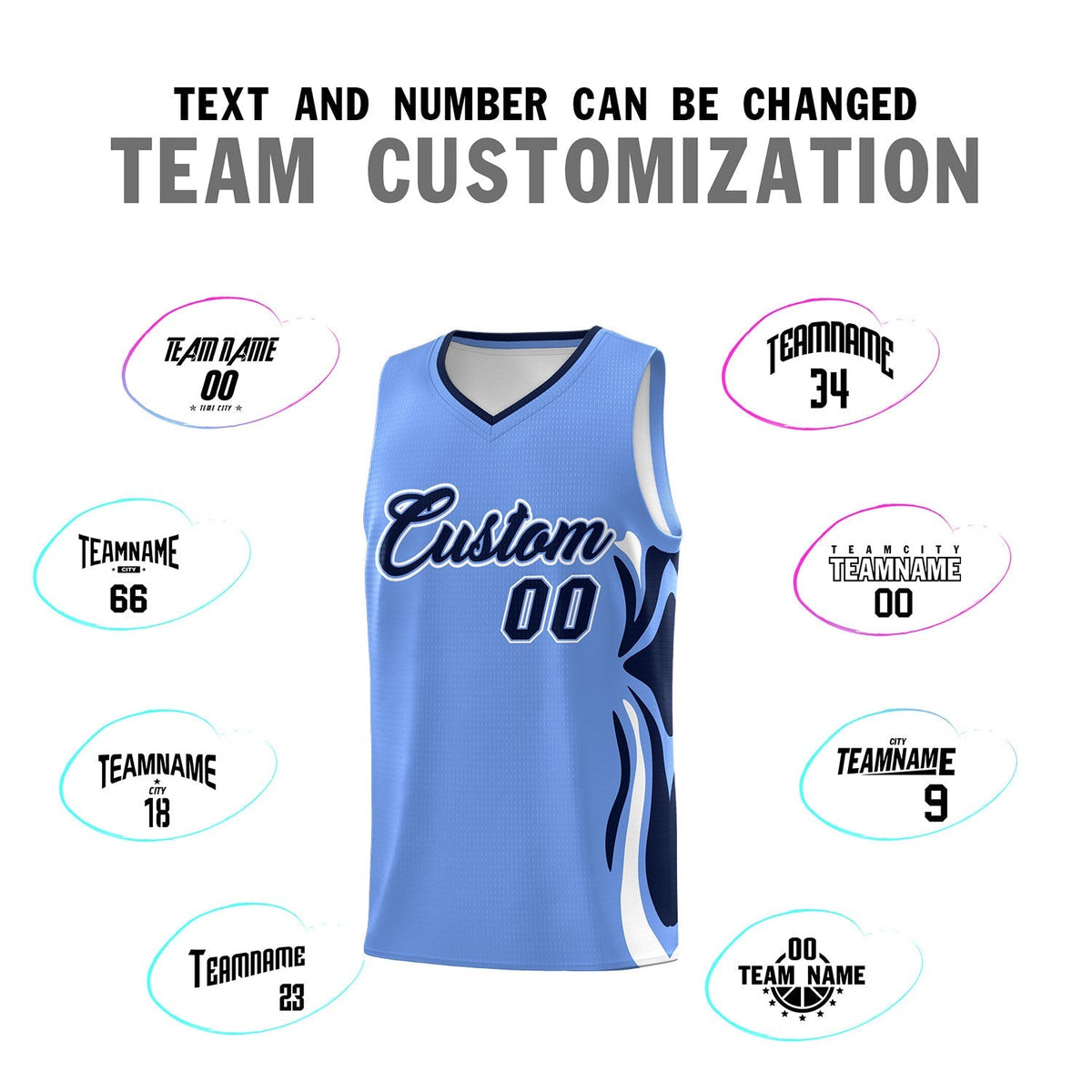 Custom Light Blue Navy-White Graffiti Pattern Side Curve Pattern Sports Uniform Basketball Jersey Sets