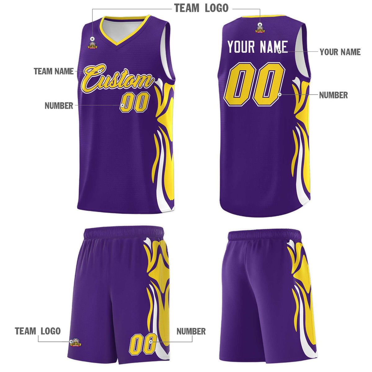 Custom Purple Gold-White Graffiti Pattern Side Curve Pattern Sports Uniform Basketball Jersey Sets